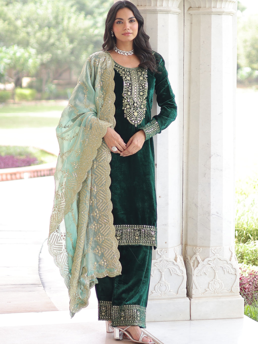 Velvet Zari Embroidered Top Bottom Set For Women