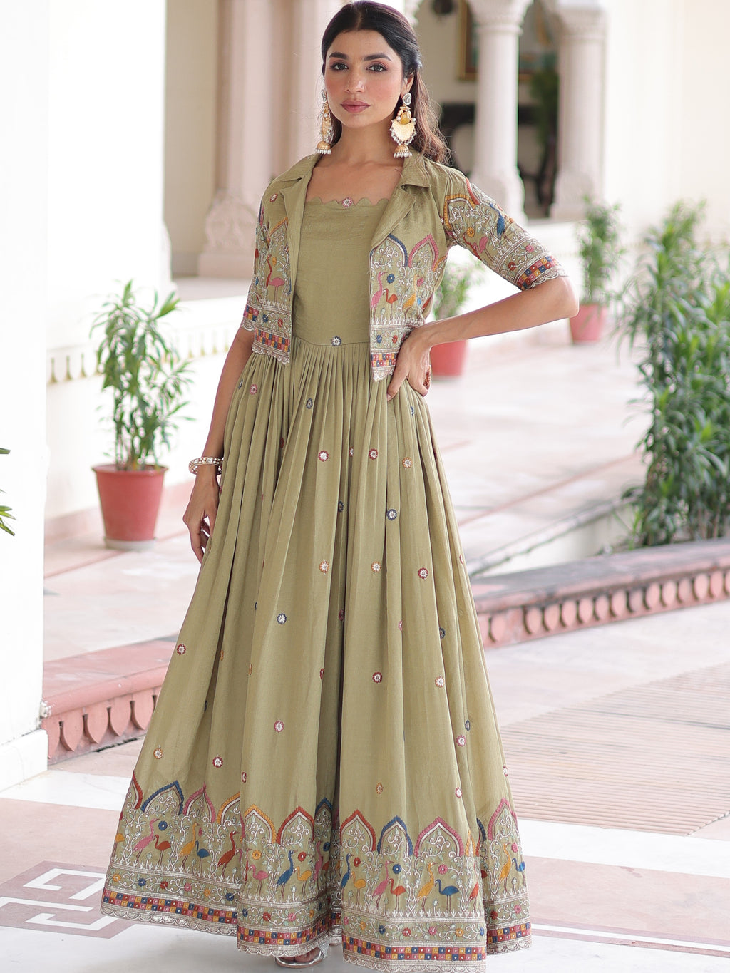 Vichitra Silk Thread Embroidered Gown With Koti