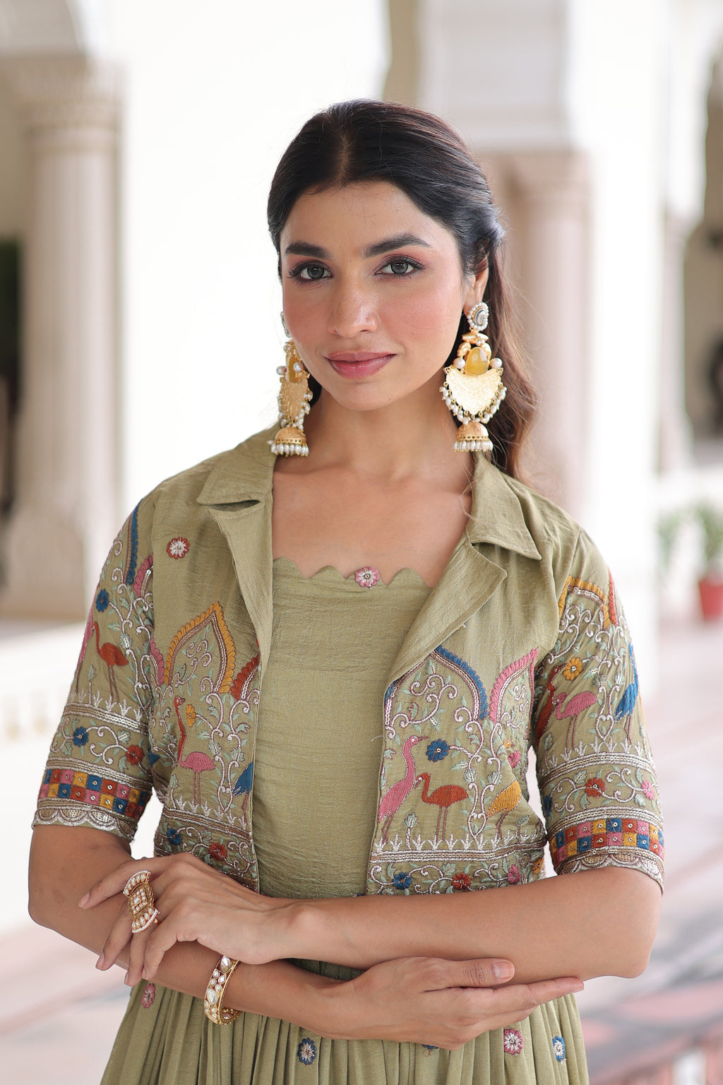 Vichitra Silk Thread Embroidered Gown With Koti