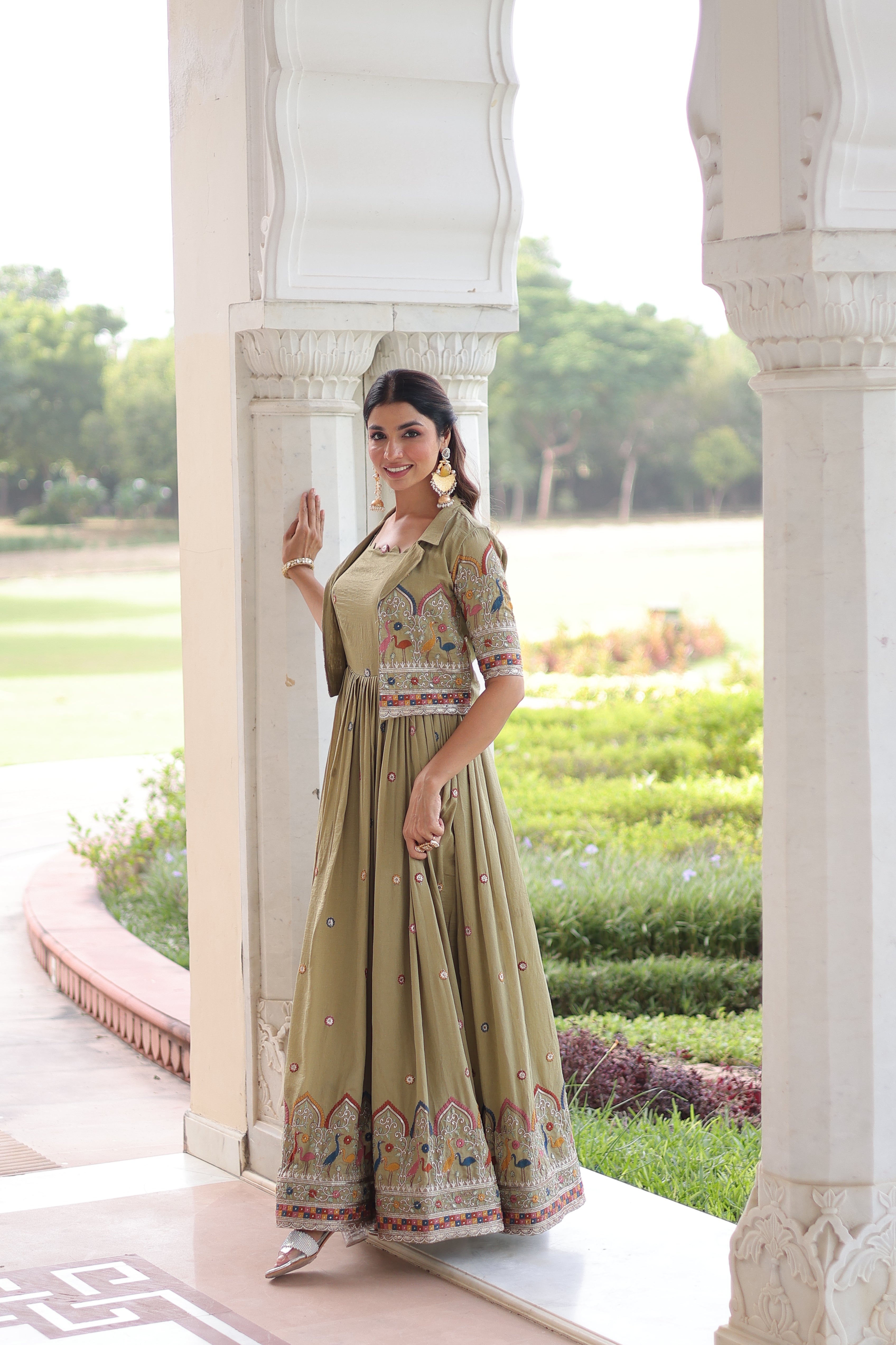 Vichitra Silk Thread Embroidered Gown With Koti
