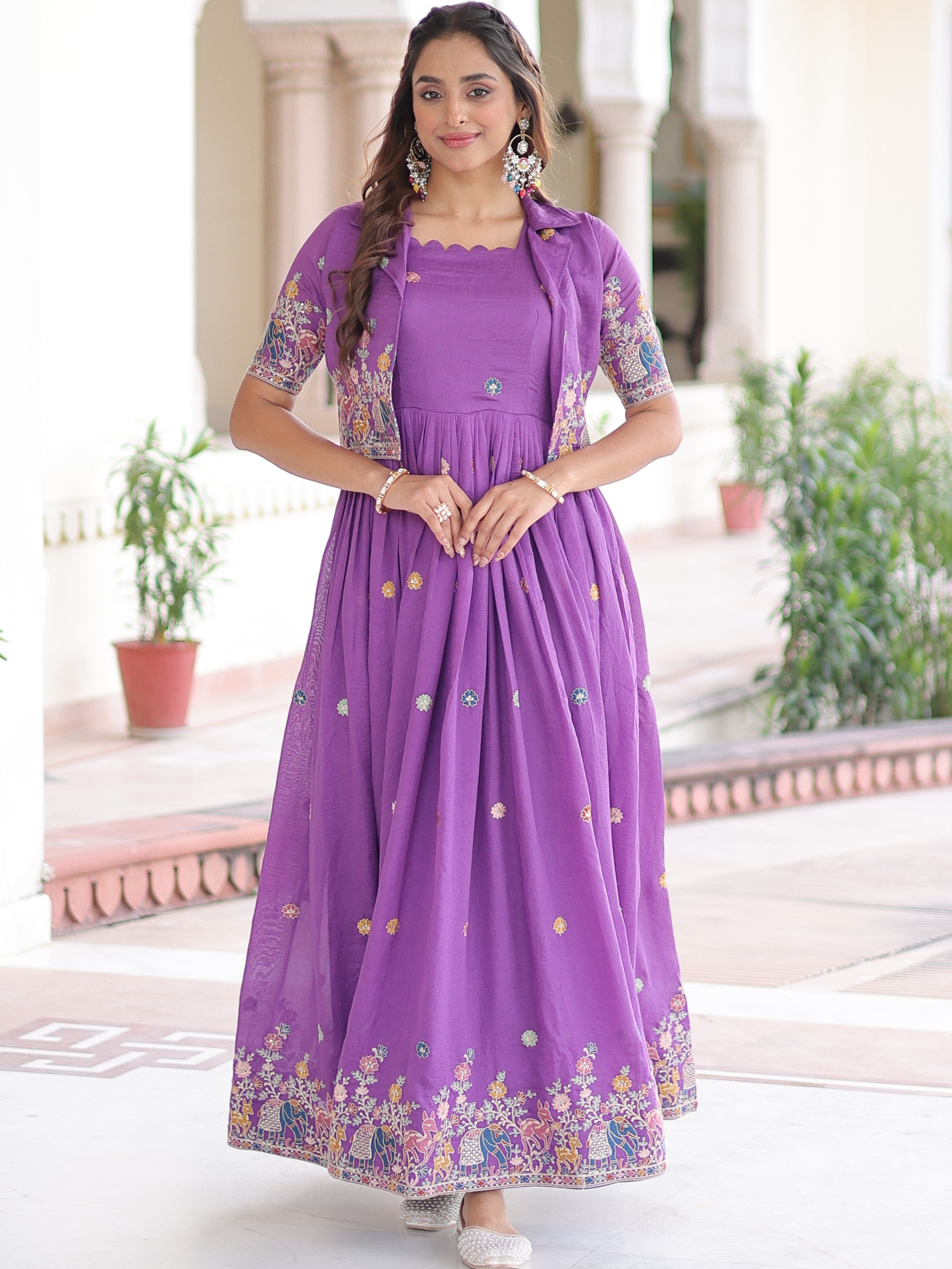 Vichitra Silk Thread Embroidered Gown With Koti