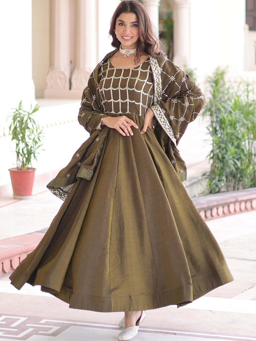 Vichitra Silk Embroidered Gown With Dupatta