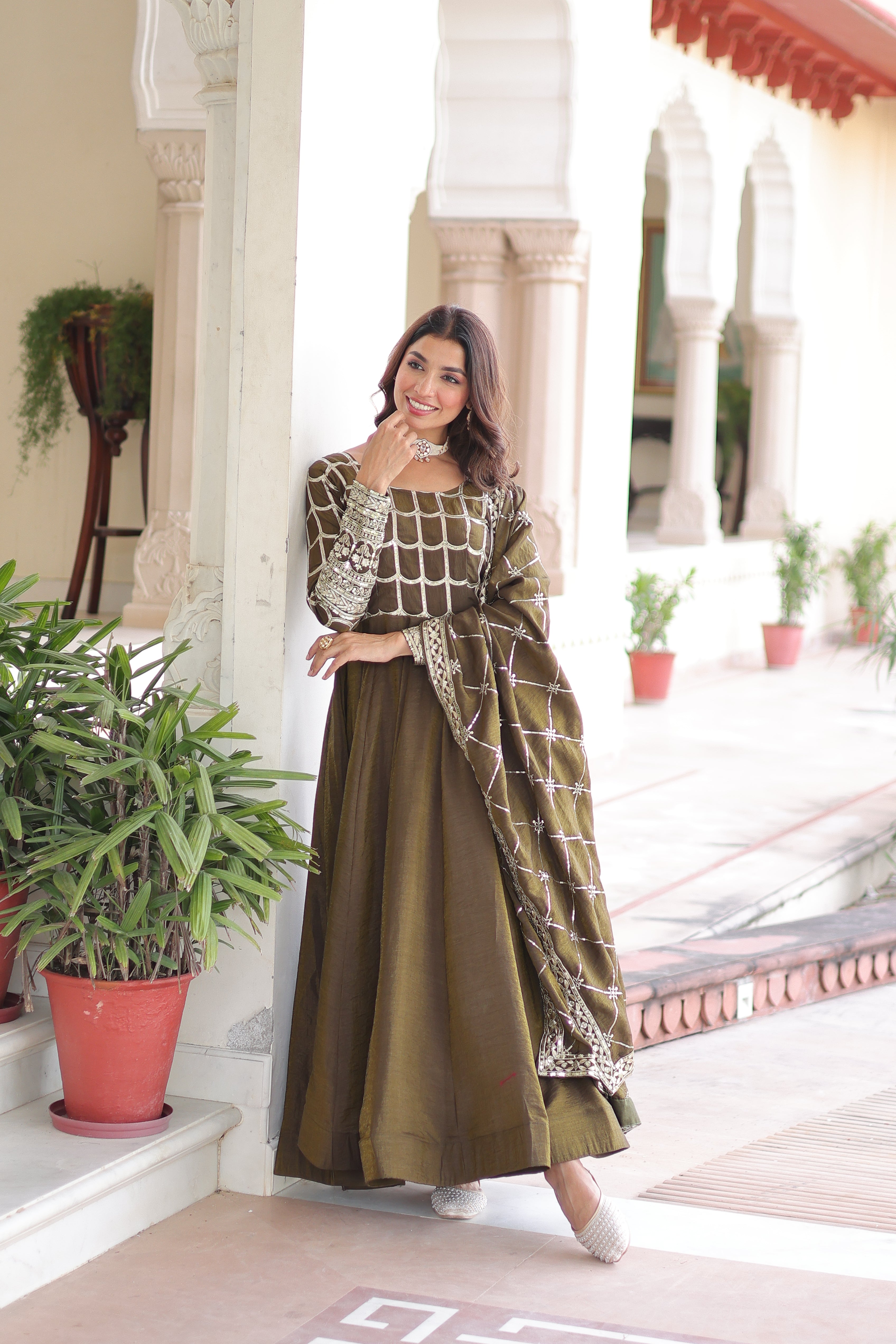 Vichitra Silk Embroidered Gown With Dupatta