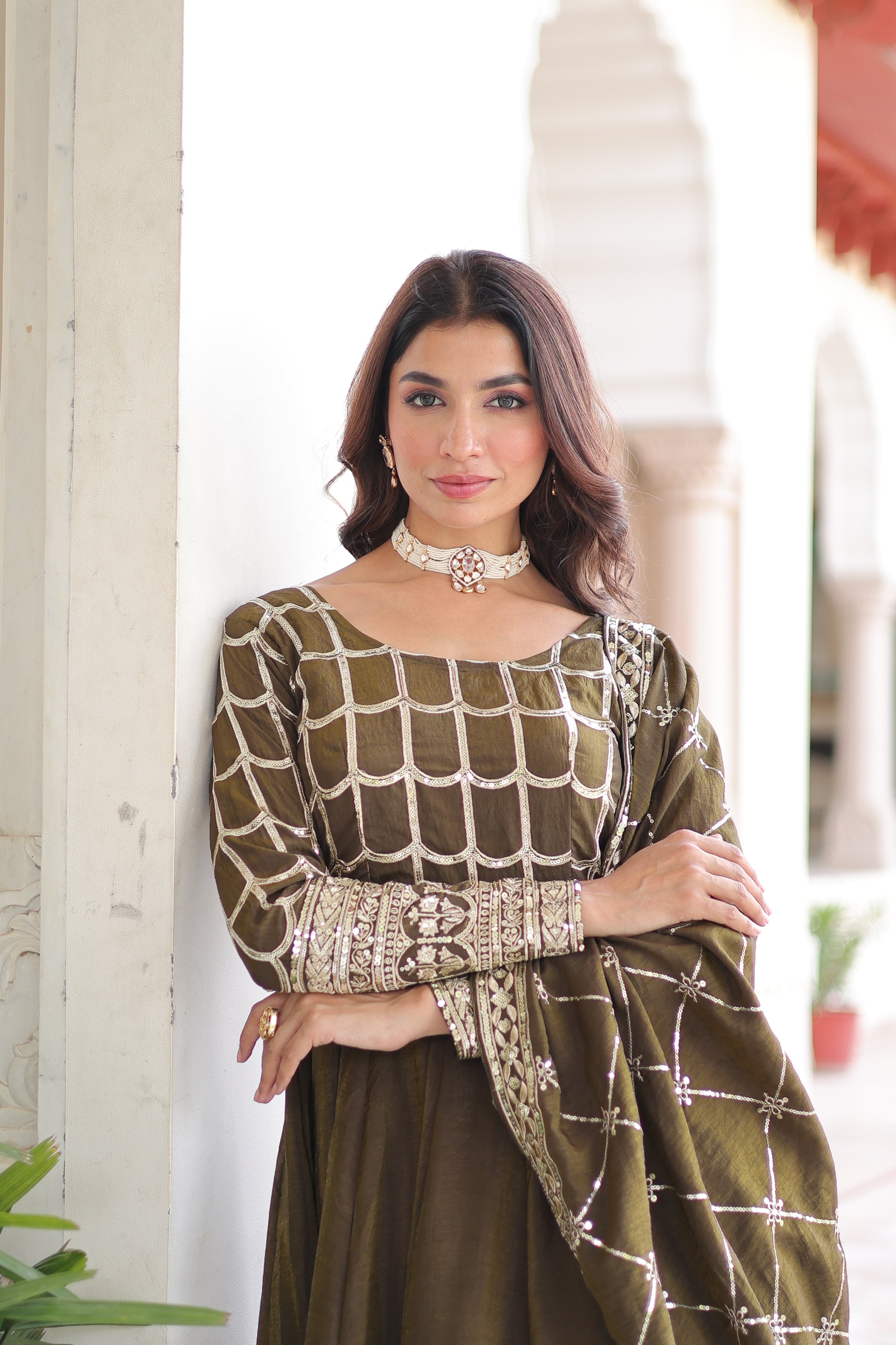 Vichitra Silk Embroidered Gown With Dupatta