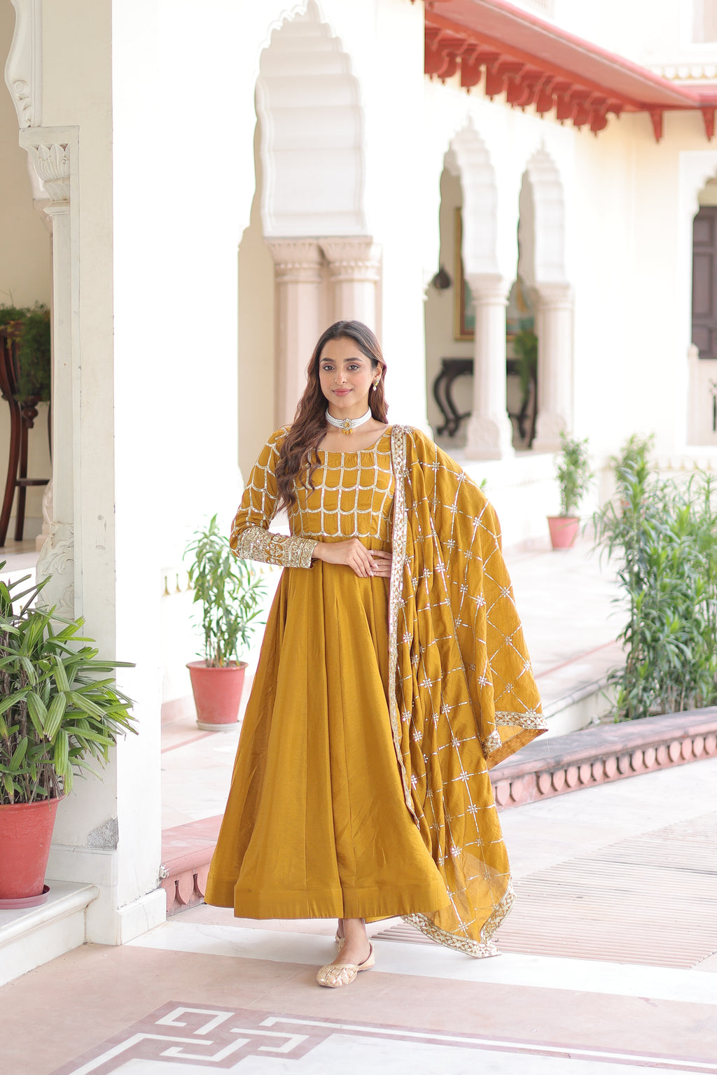 Vichitra Silk Embroidered Gown With Dupatta