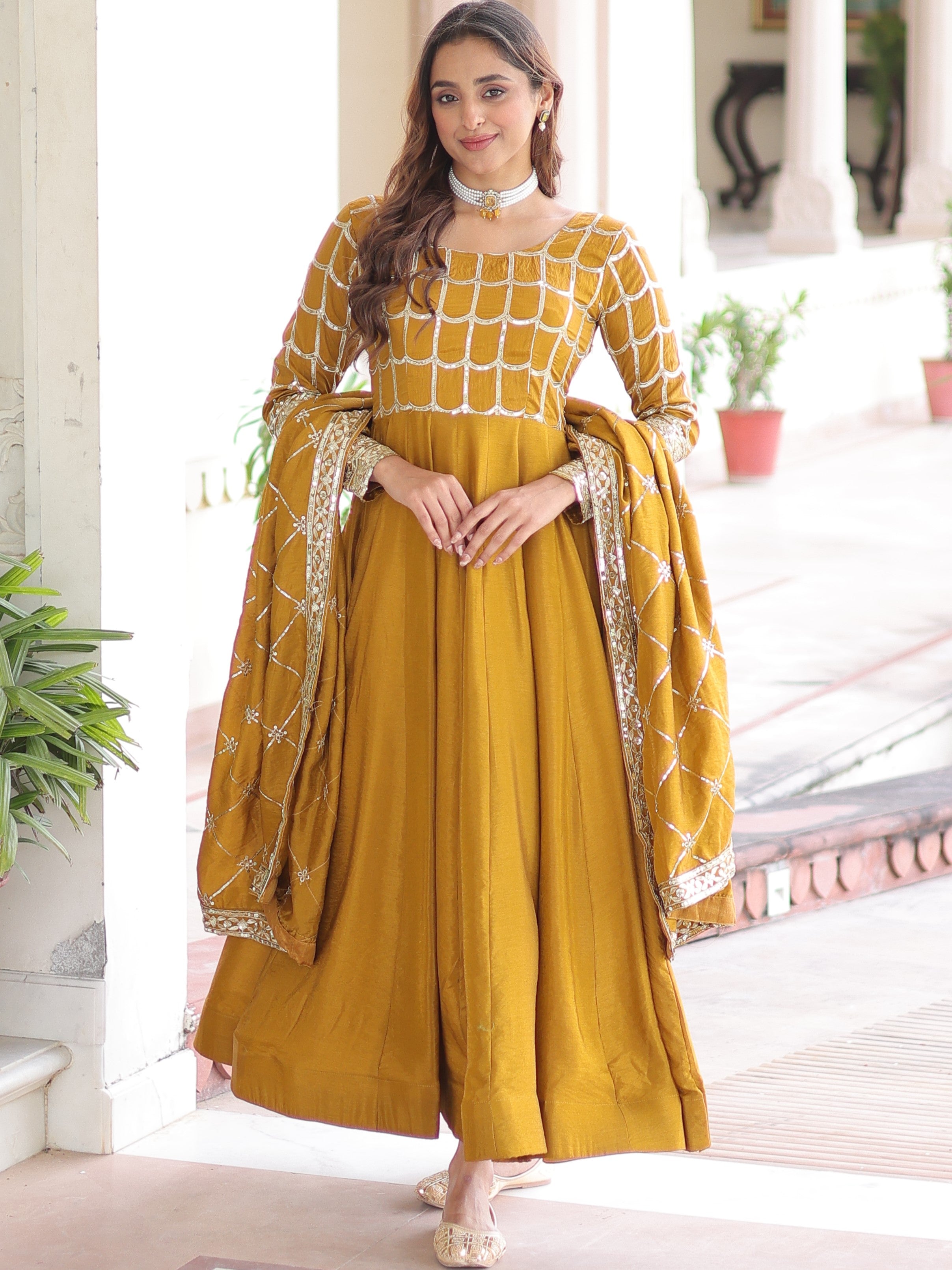 Vichitra Silk Embroidered Gown With Dupatta
