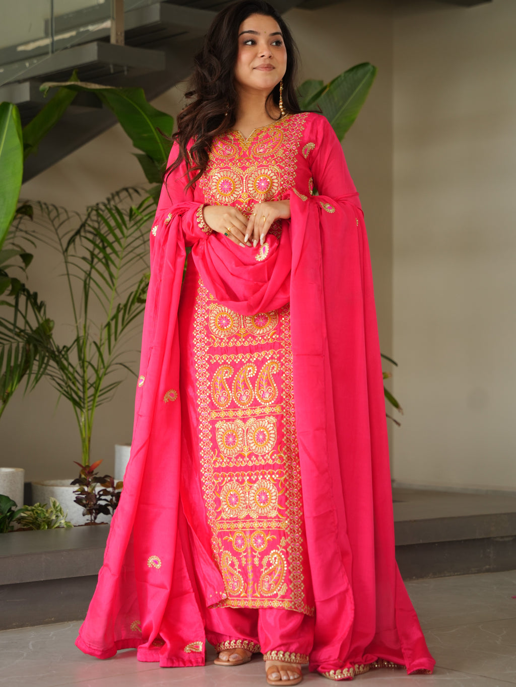 Chinon Multi Thread Embroidered Kurti-Pant With Dupatta