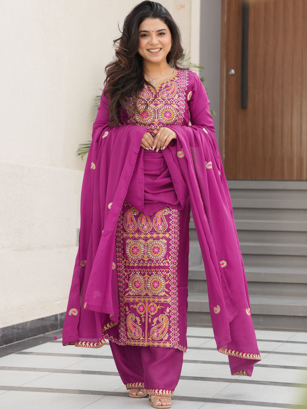 Chinon Multi Thread Embroidered Kurti-Pant With Dupatta