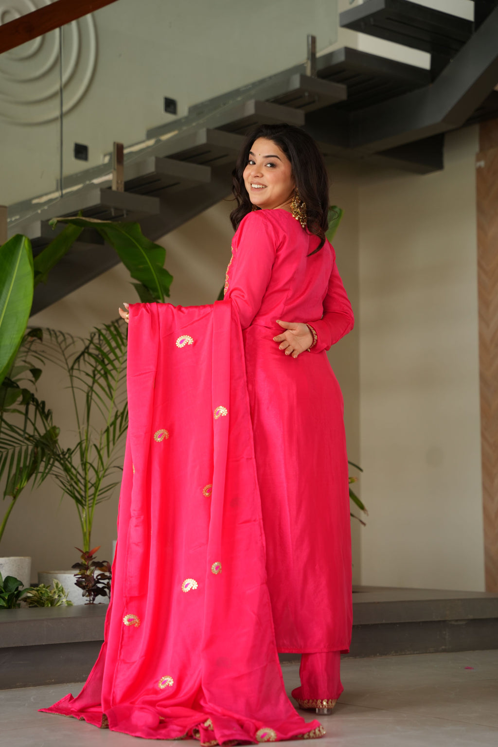 Chinon Multi Thread Embroidered Kurti-Pant With Dupatta