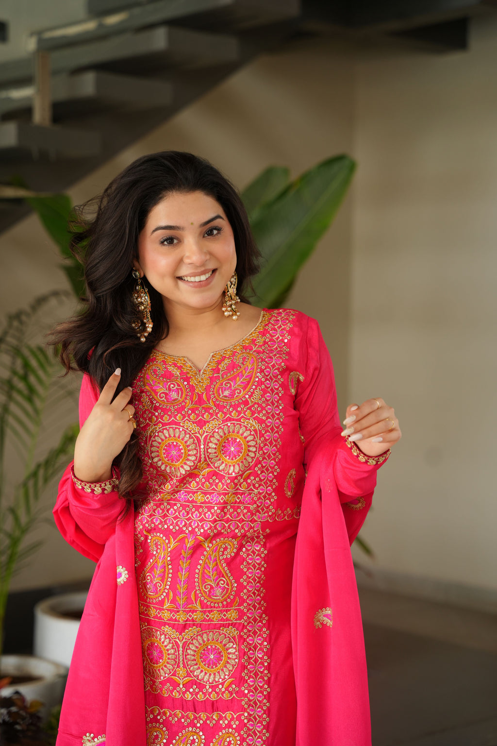 Chinon Multi Thread Embroidered Kurti-Pant With Dupatta