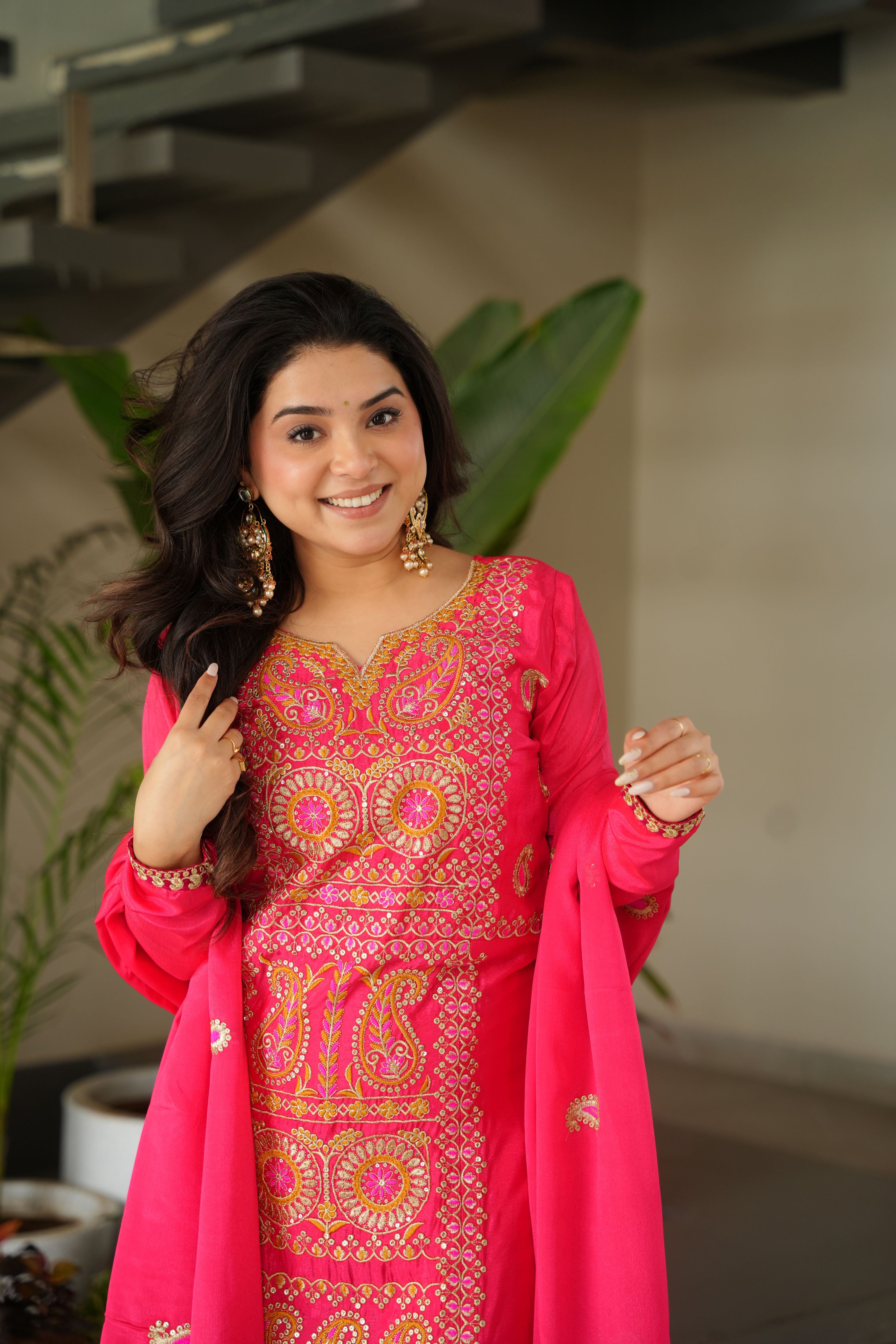 Chinon Multi Thread Embroidered Kurti-Pant With Dupatta