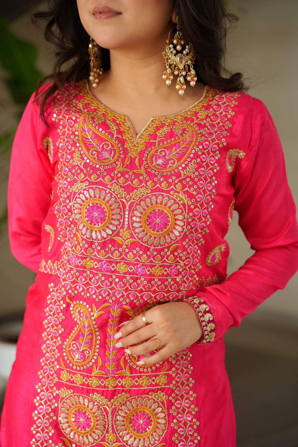 Chinon Multi Thread Embroidered Kurti-Pant With Dupatta