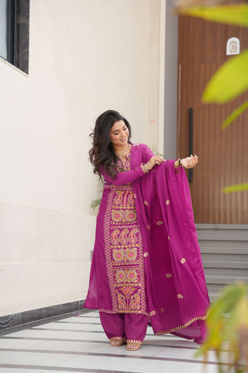 Chinon Multi Thread Embroidered Kurti-Pant With Dupatta