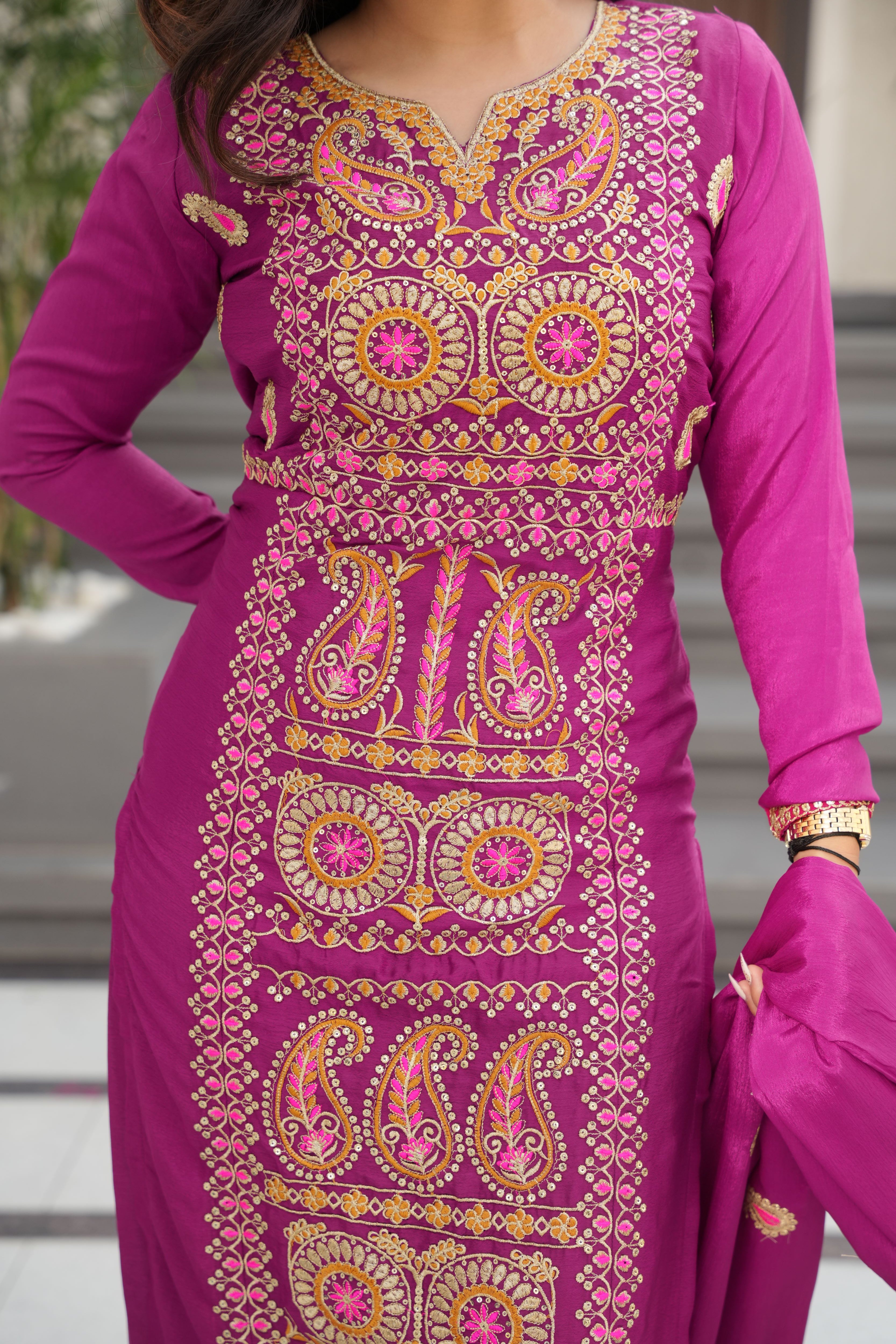 Chinon Multi Thread Embroidered Kurti-Pant With Dupatta