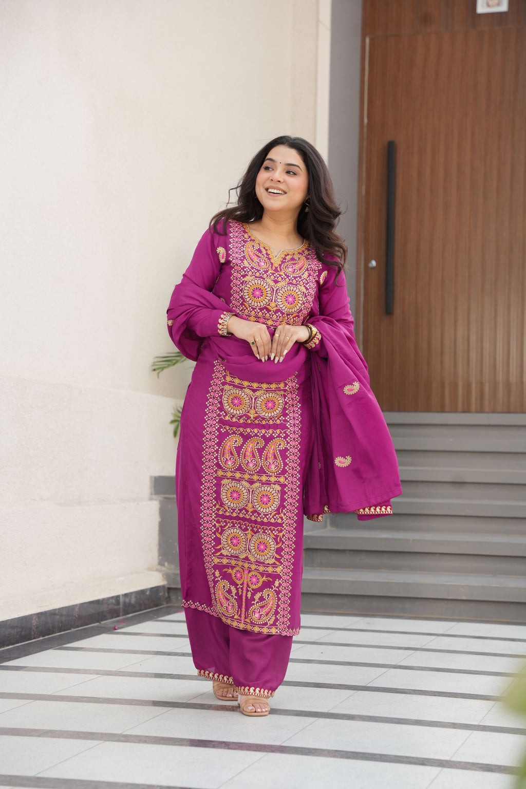 Chinon Multi Thread Embroidered Kurti-Pant With Dupatta