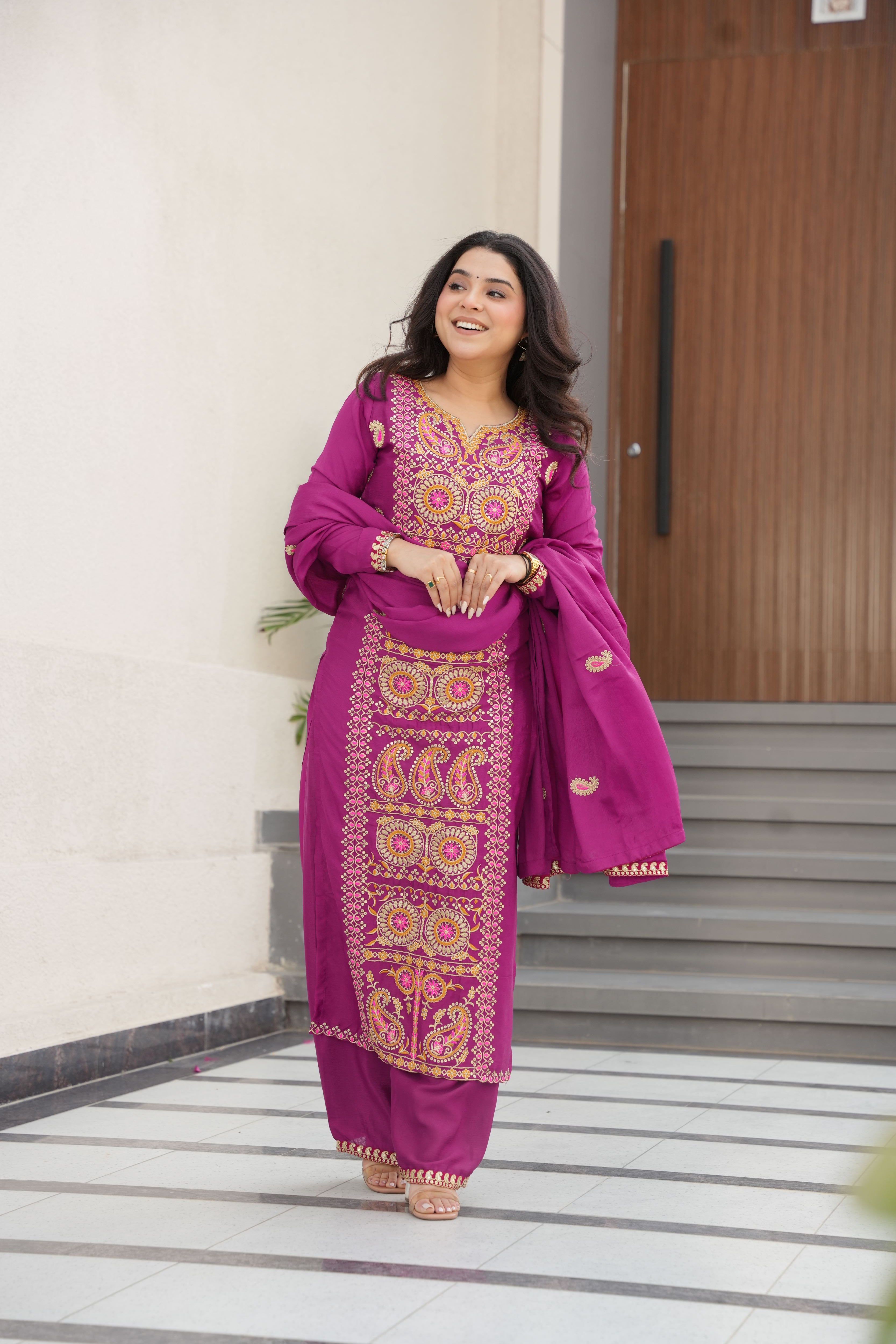 Chinon Multi Thread Embroidered Kurti-Pant With Dupatta