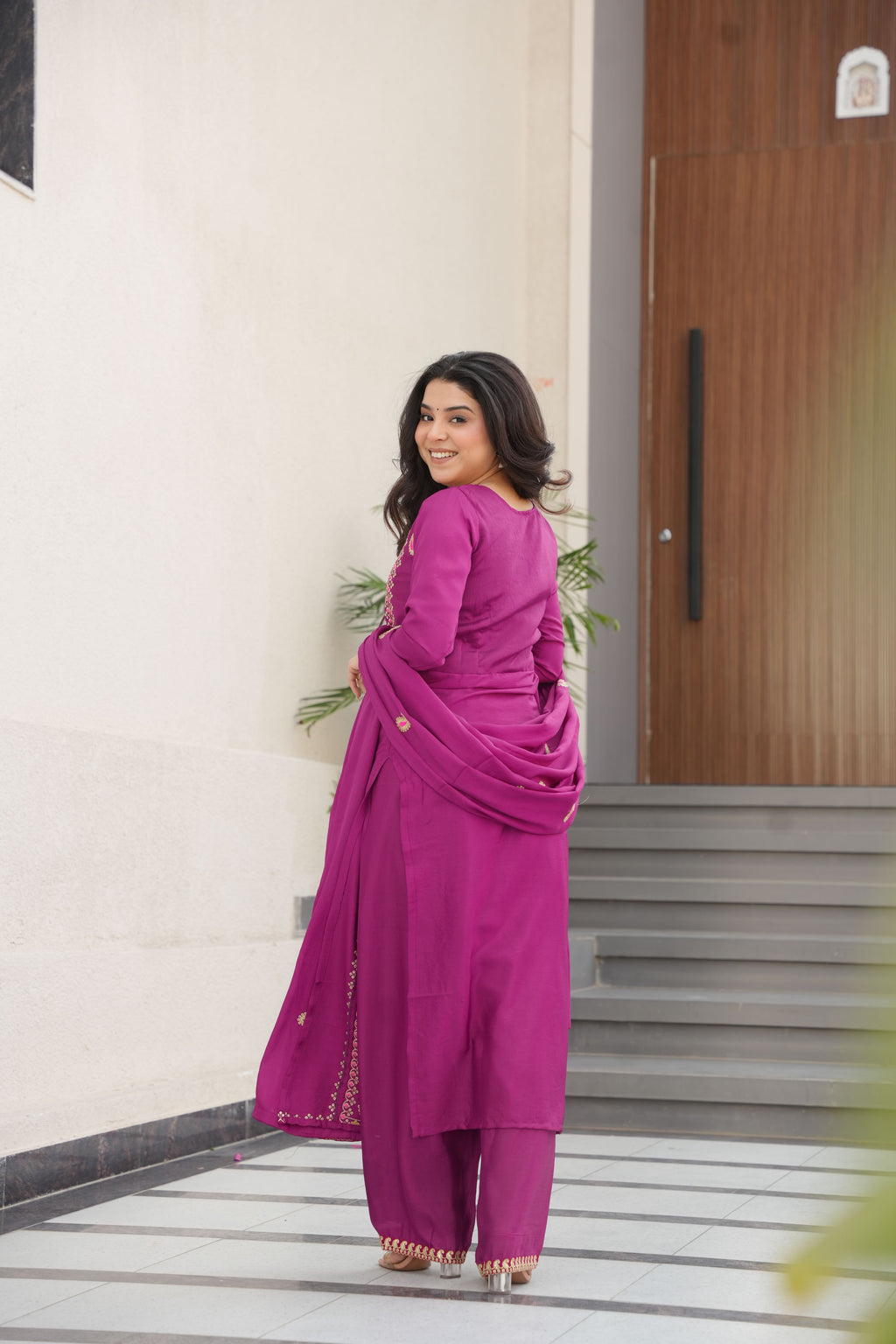 Chinon Multi Thread Embroidered Kurti-Pant With Dupatta