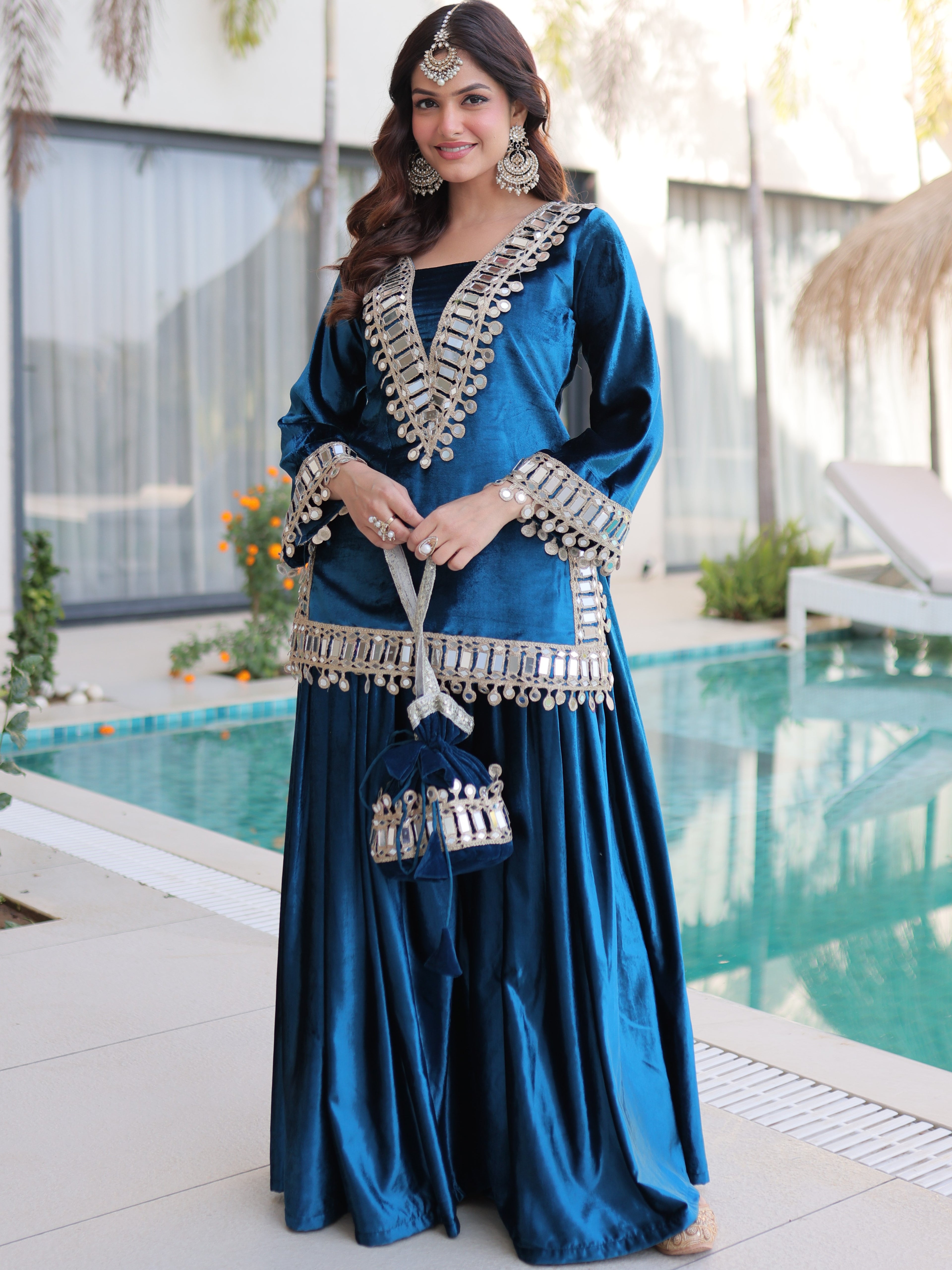 Velvet Real Mirror Embroidered Kurti Palazzo