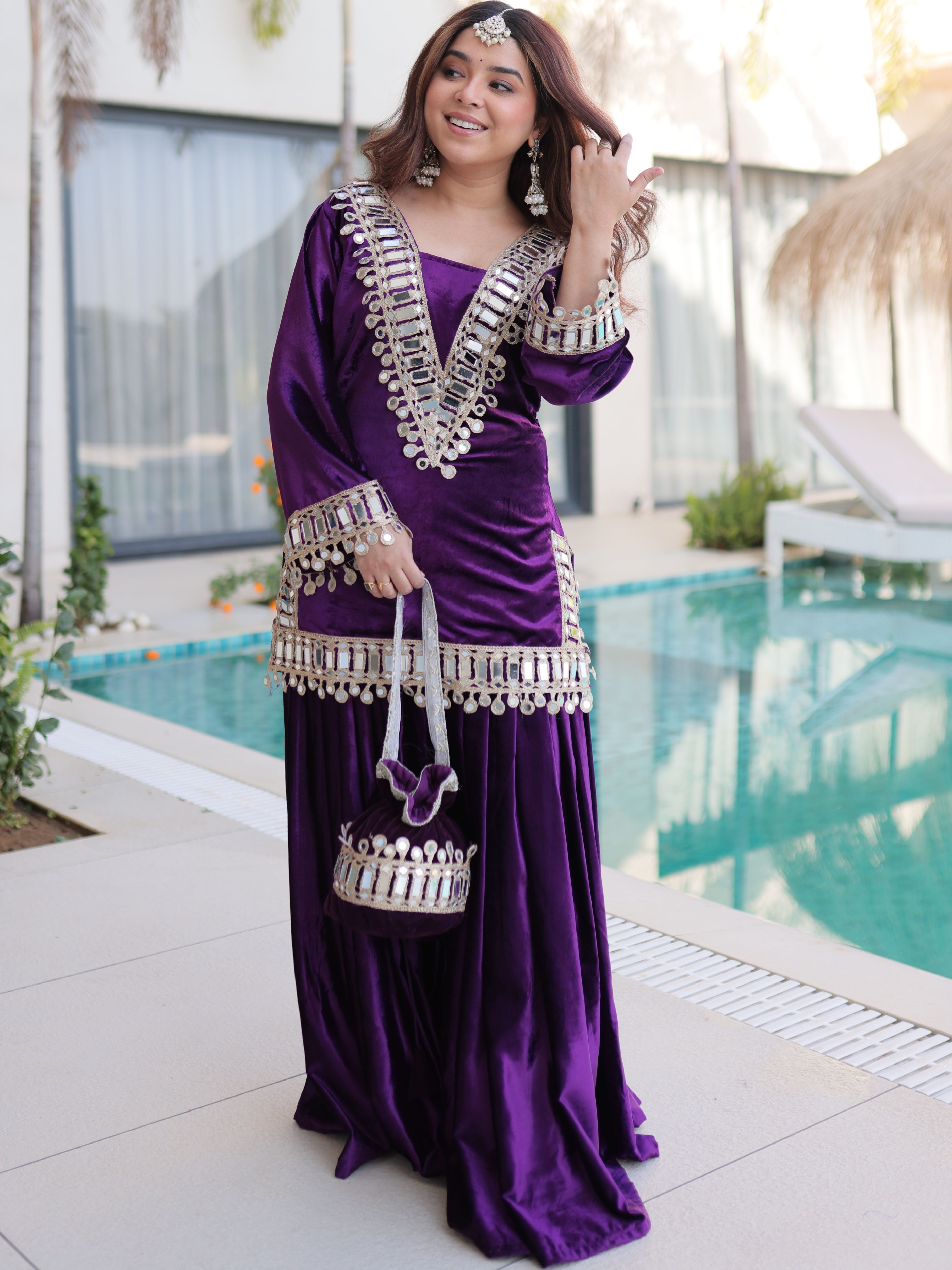 Velvet Real Mirror Embroidered Kurti Palazzo