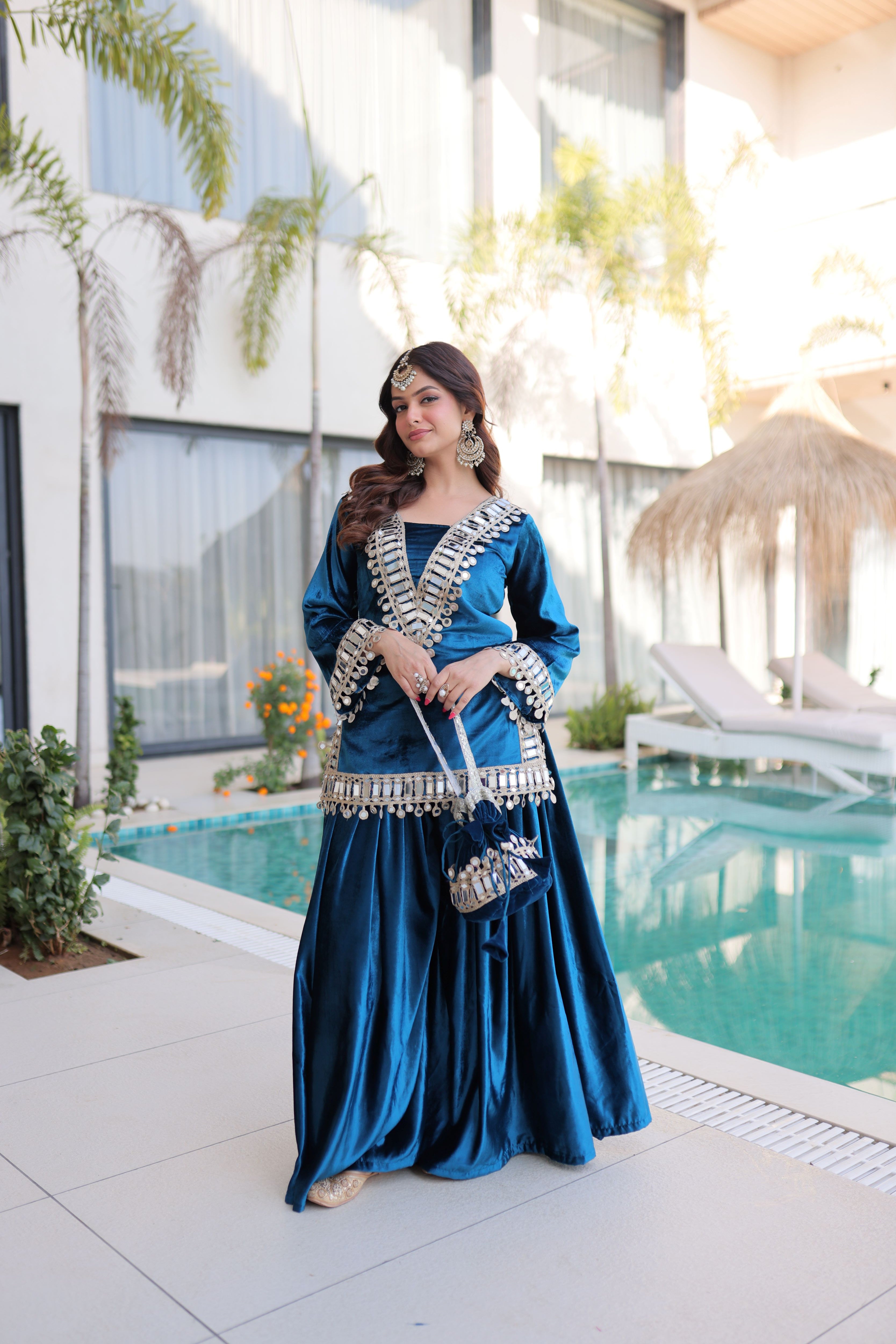 Velvet Real Mirror Embroidered Kurti Palazzo