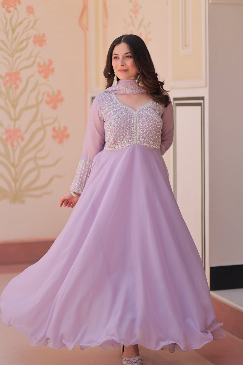 Georgette Beads Emboidered Gown With Dupatta