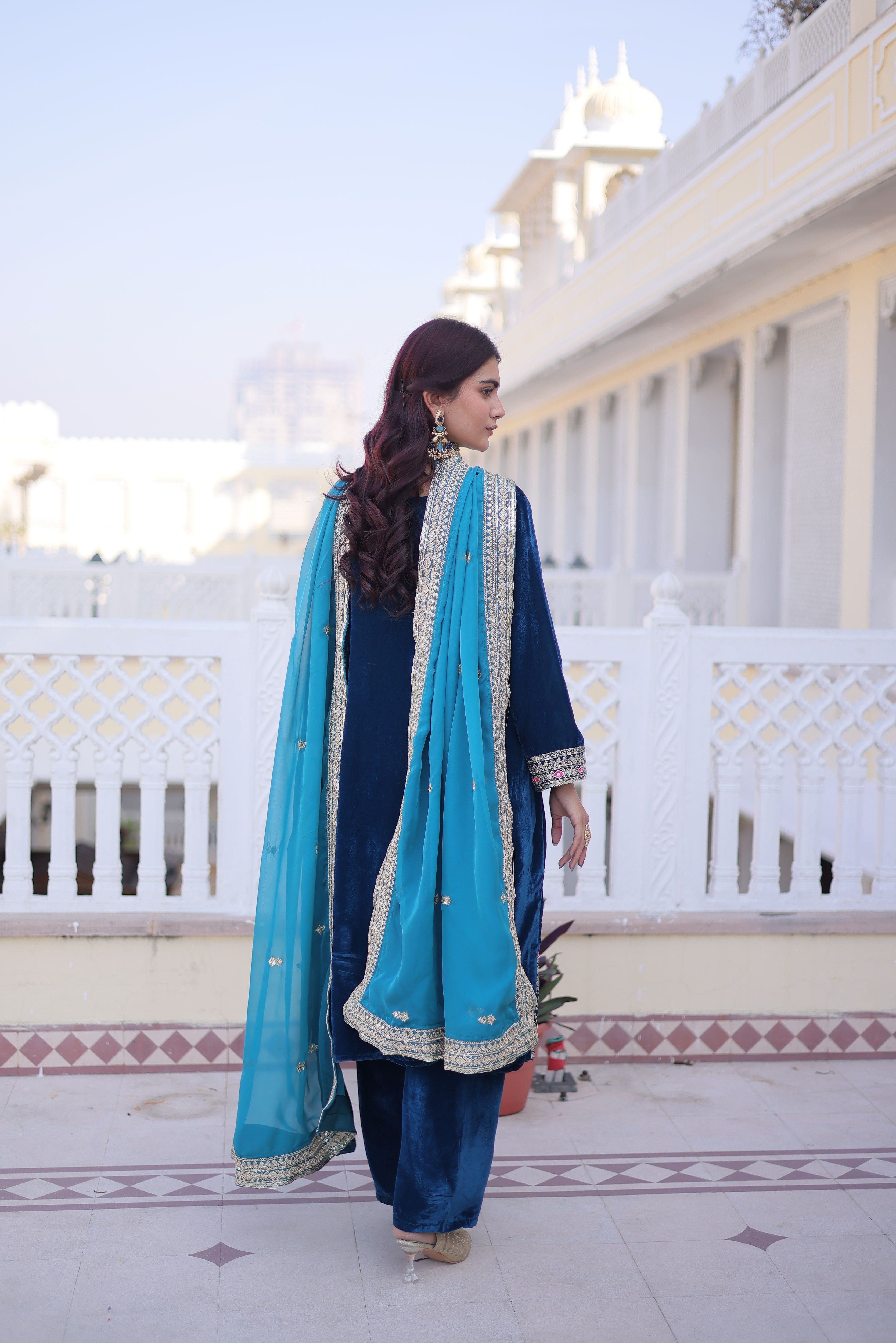 Velvet Thread Embroidered Kurti-Pant With Silk Dupatta