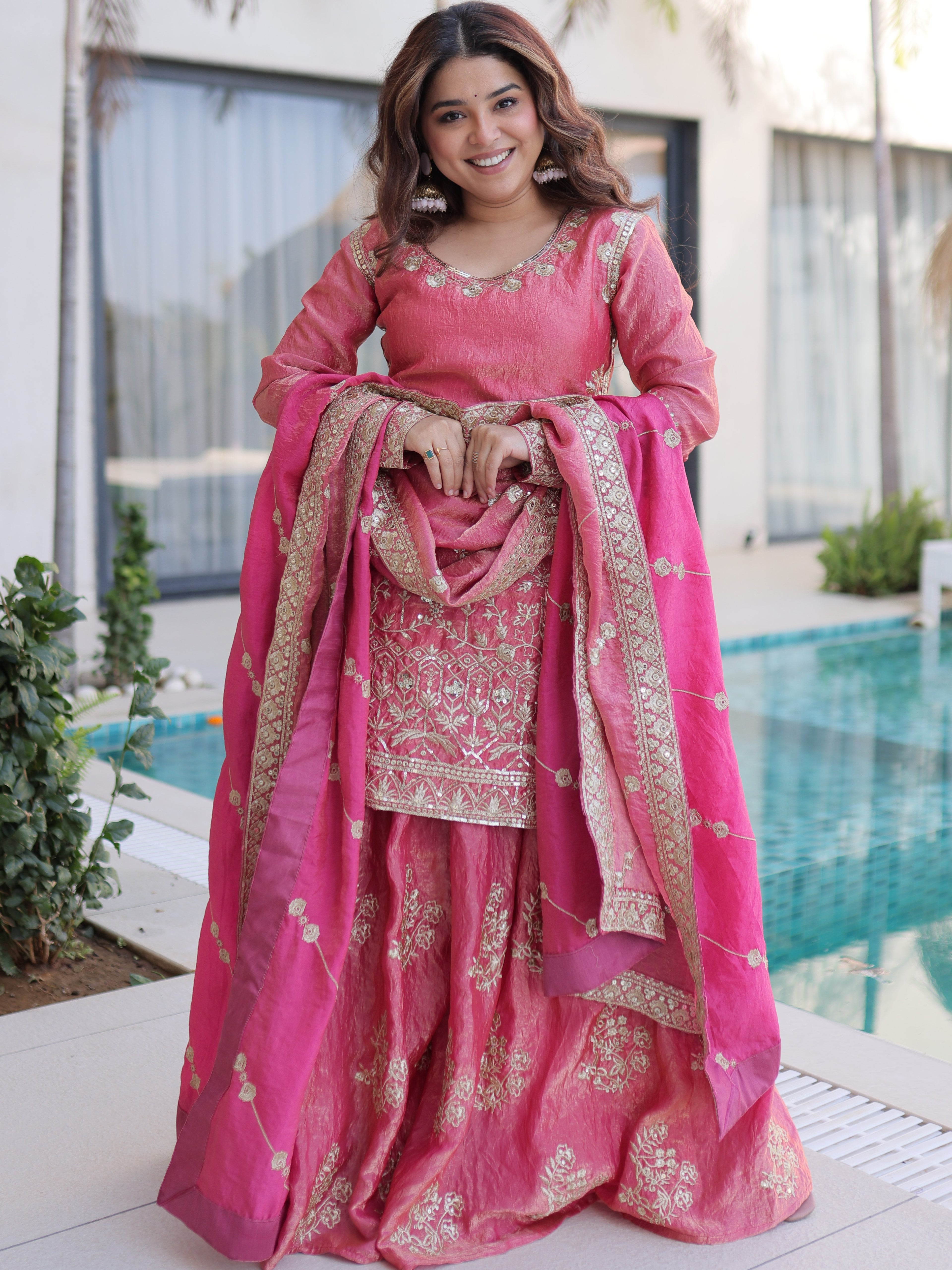 Fendi Crush Embroidered Kurti Sharara With Dupatta