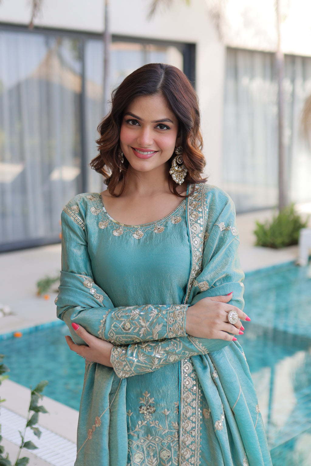 Fendi Crush Embroidered Kurti Sharara With Dupatta