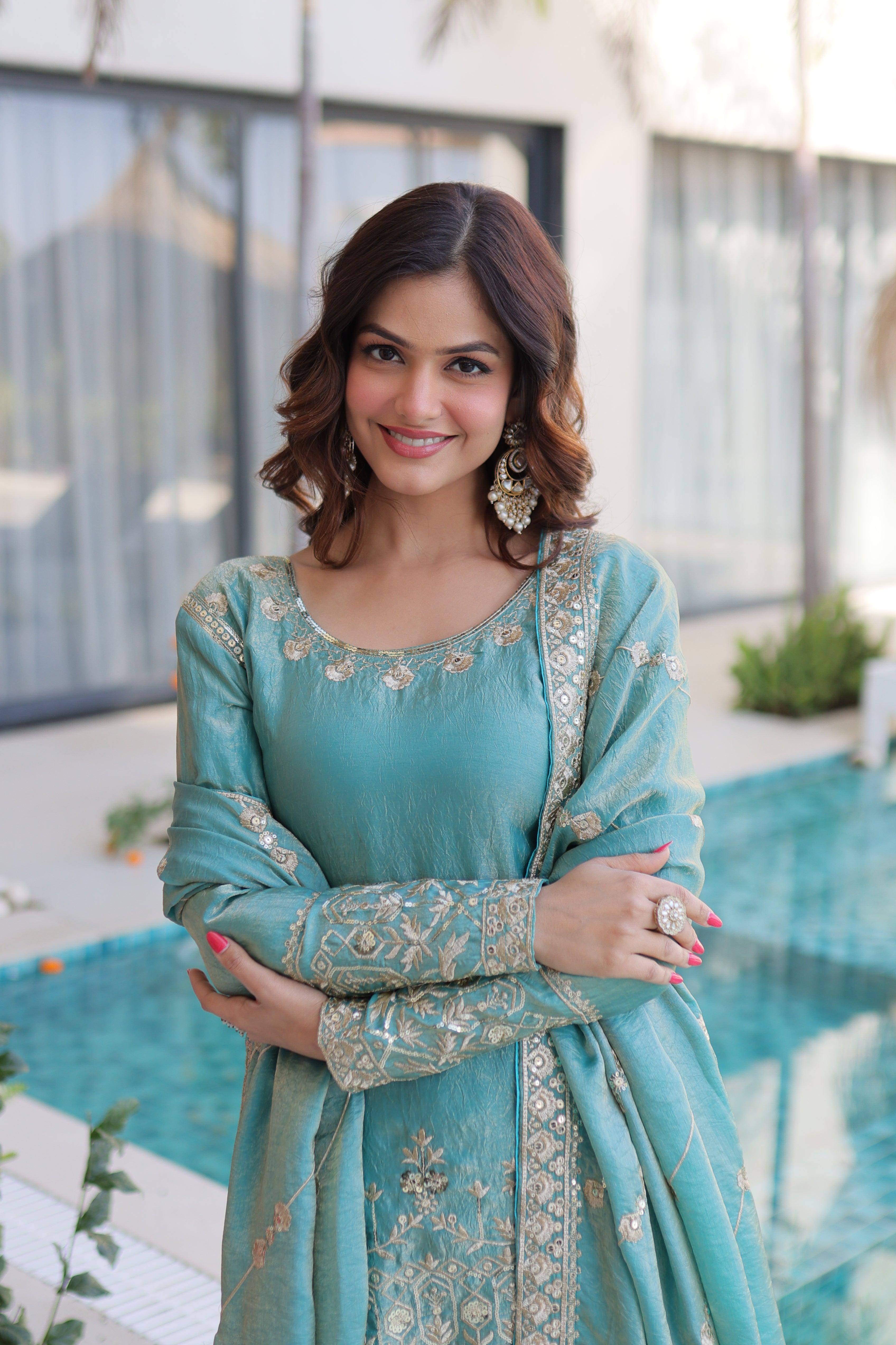 Fendi Crush Embroidered Kurti Sharara With Dupatta