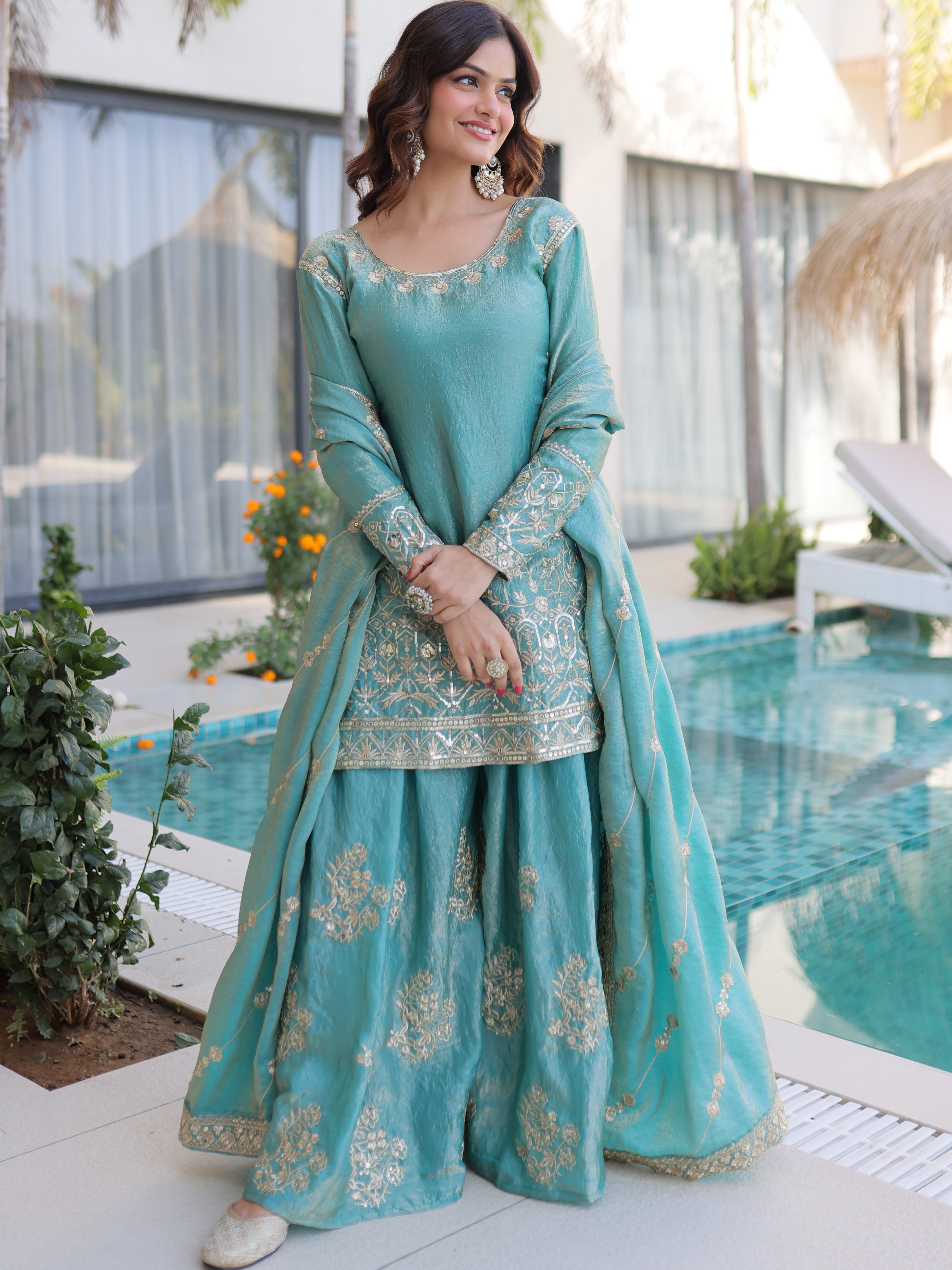 Fendi Crush Embroidered Kurti Sharara With Dupatta