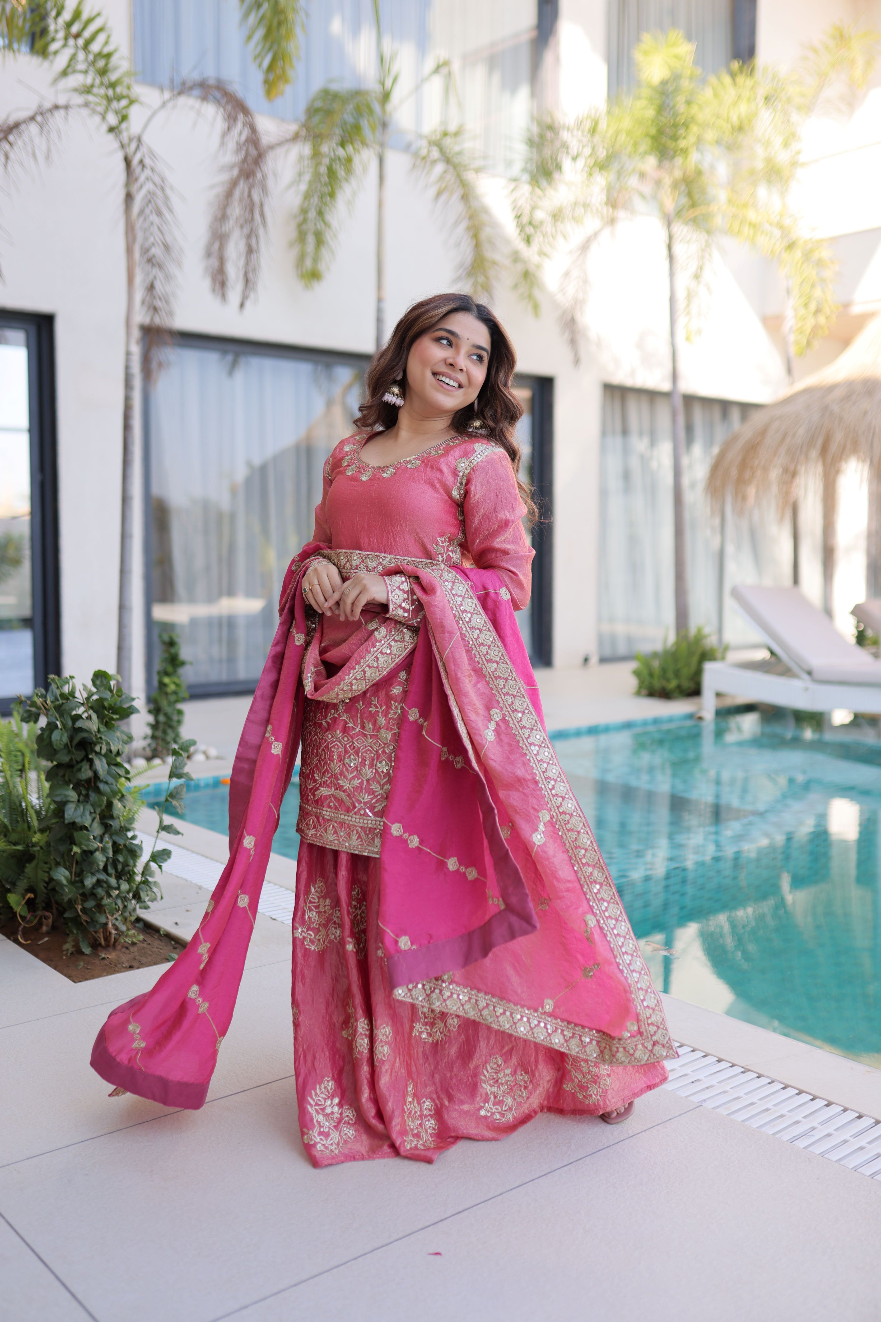 Fendi Crush Embroidered Kurti Sharara With Dupatta