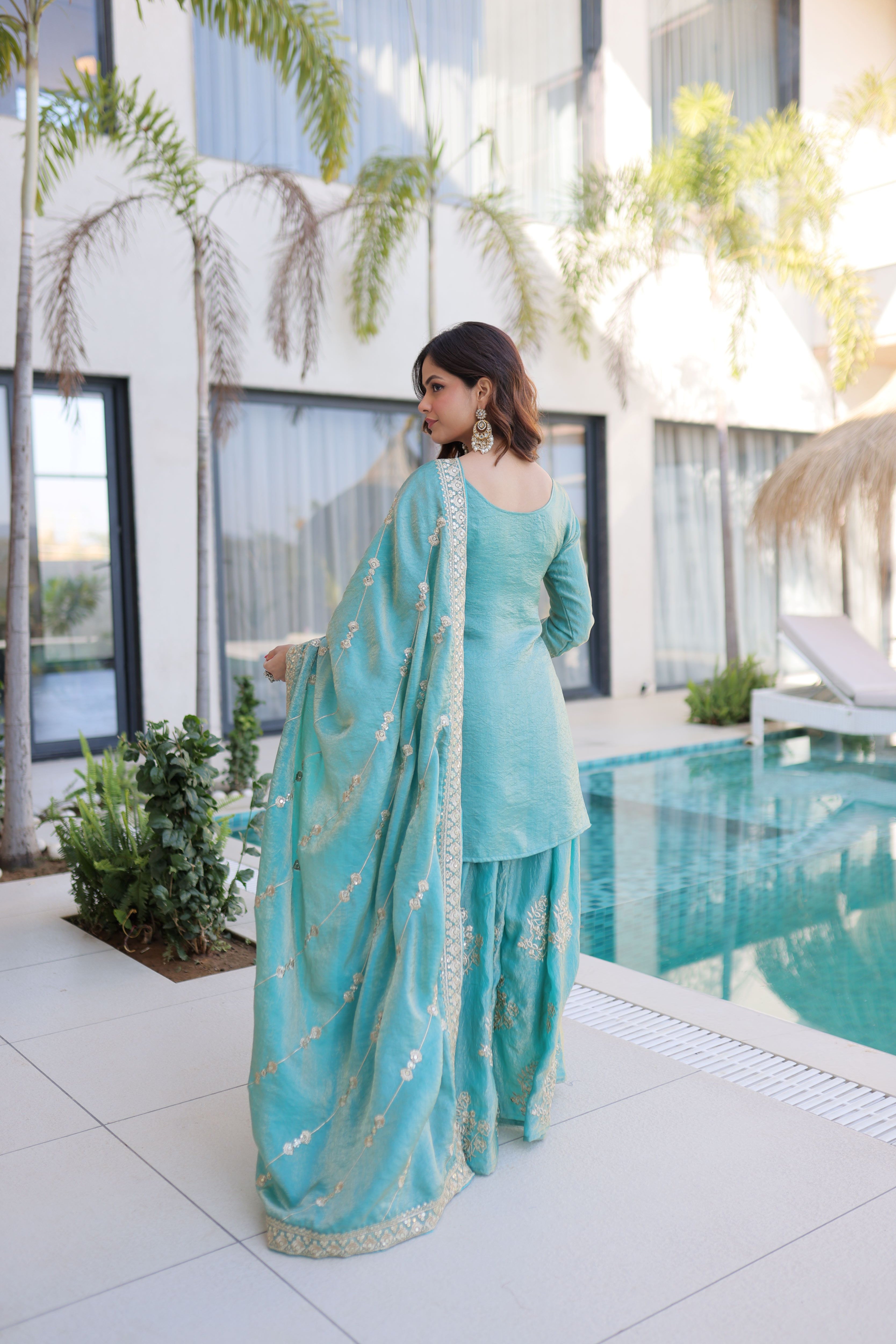 Fendi Crush Embroidered Kurti Sharara With Dupatta