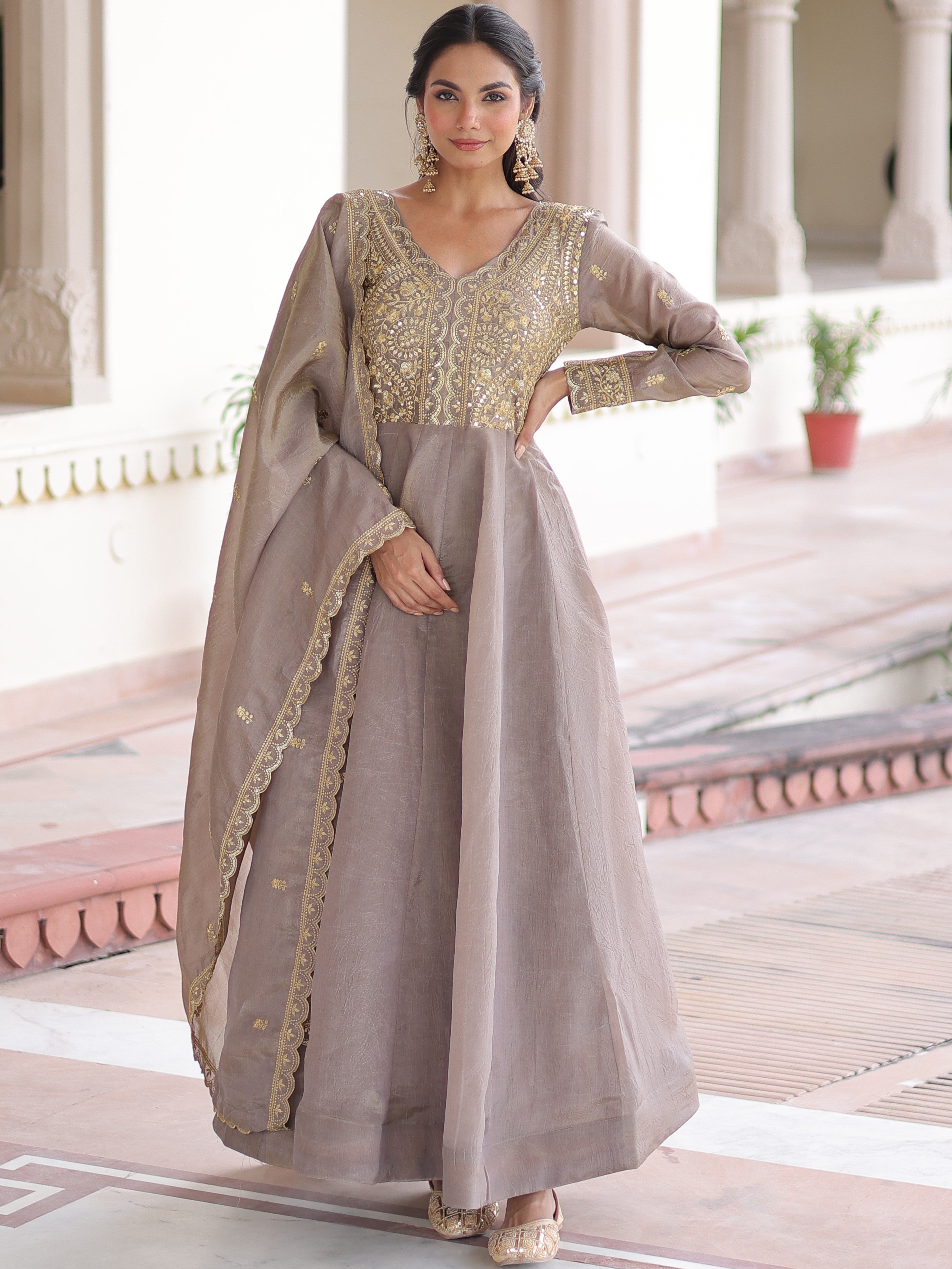 Gold Crush Embroidered Gown With Dupatta