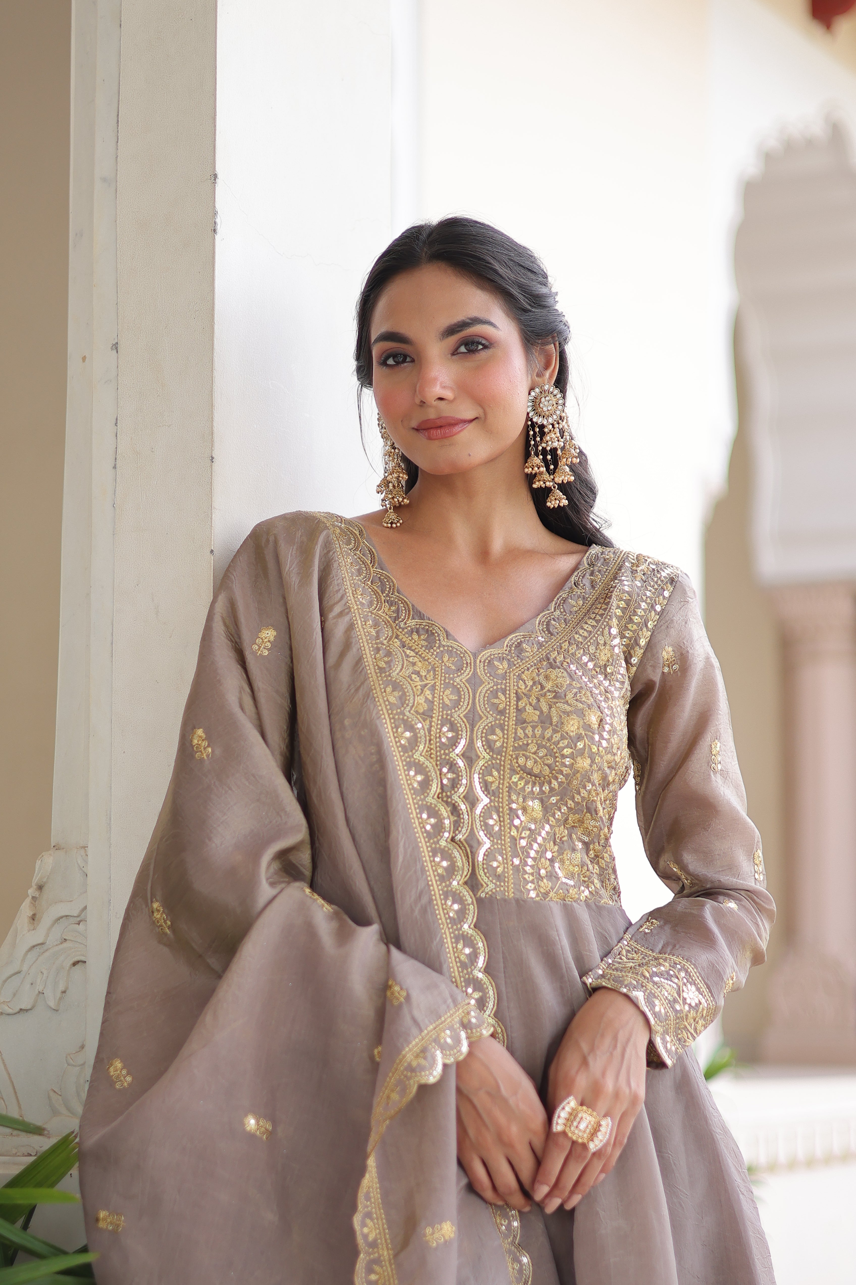 Gold Crush Embroidered Gown With Dupatta