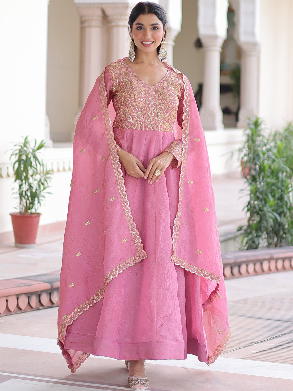 Gold Crush Embroidered Gown With Dupatta