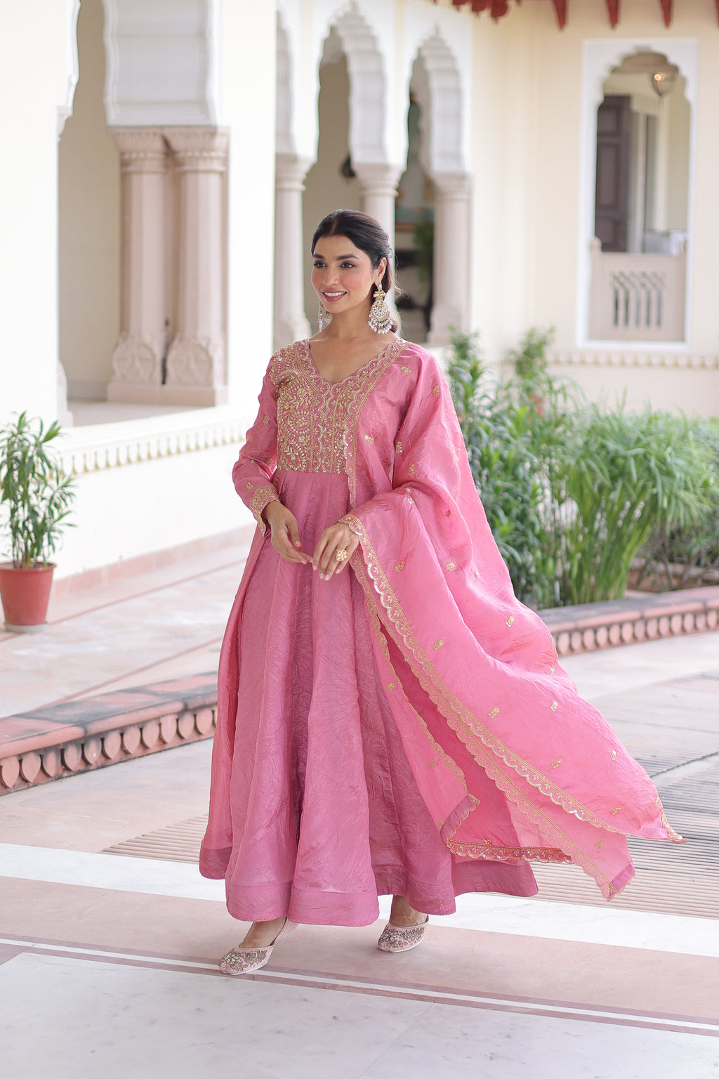 Gold Crush Embroidered Gown With Dupatta