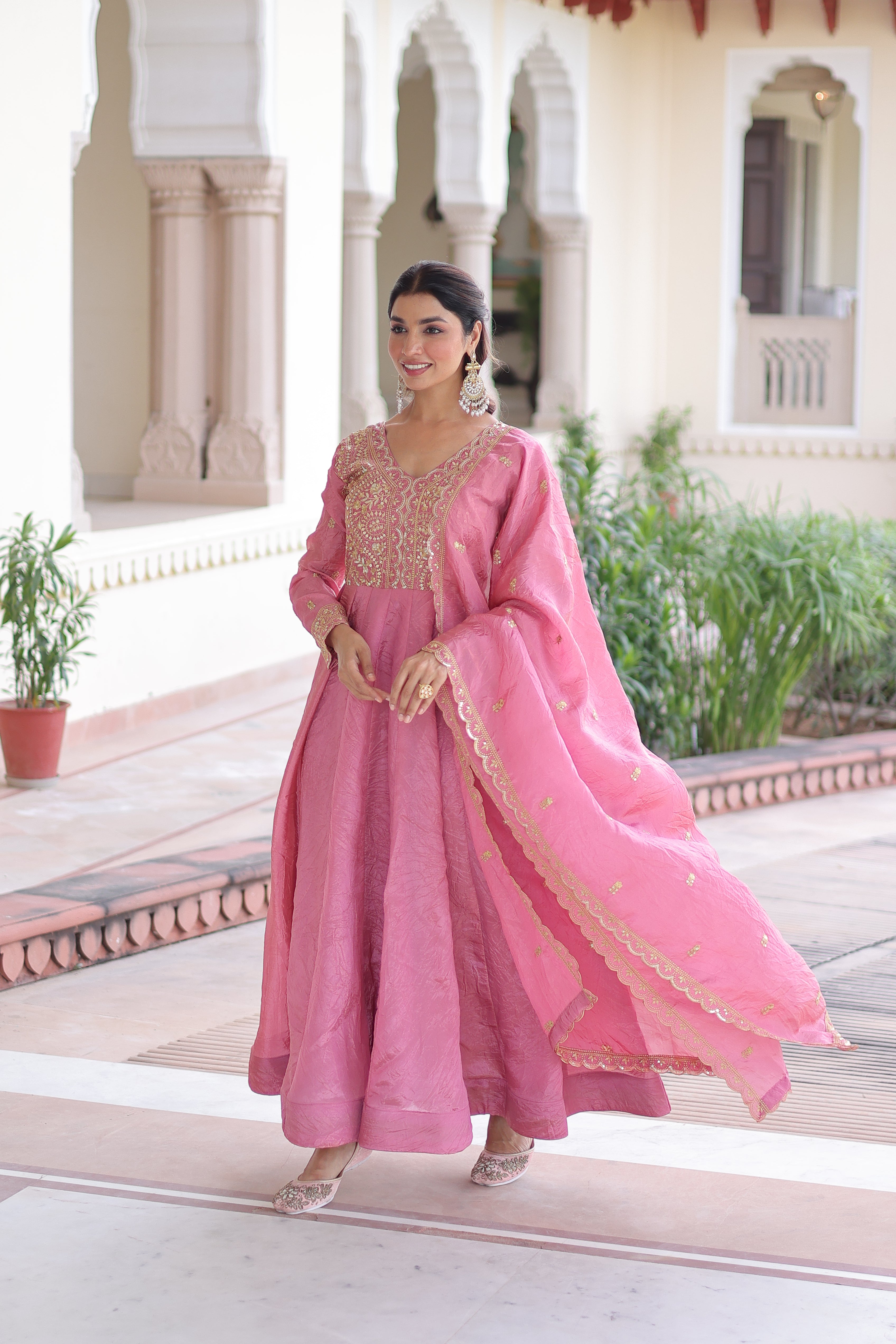 Gold Crush Embroidered Gown With Dupatta