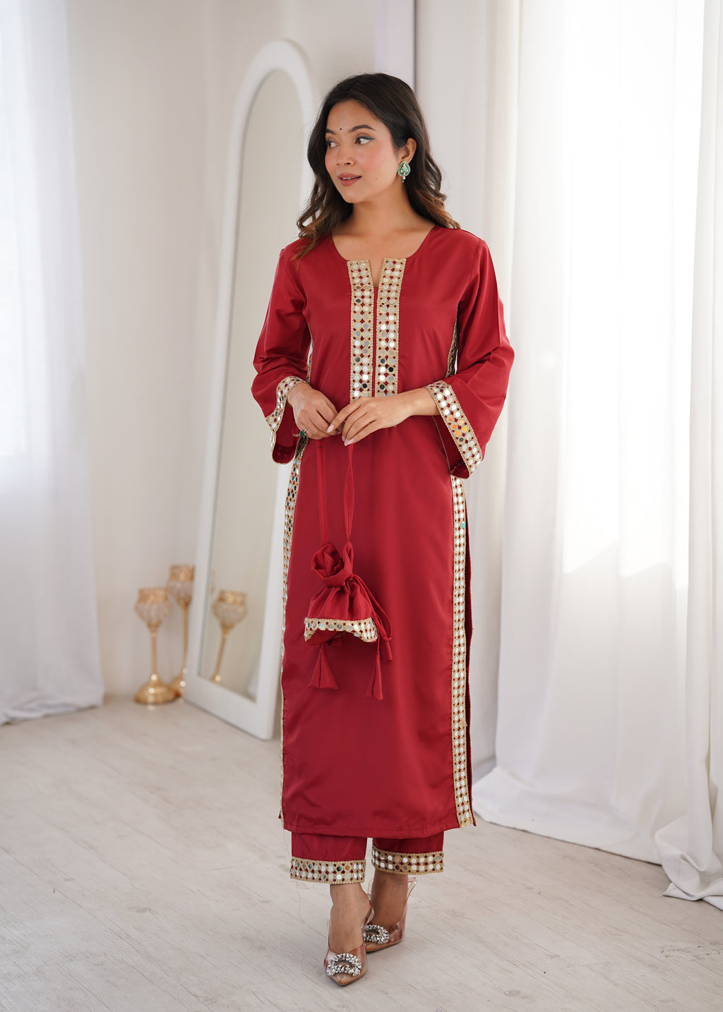 Natural Crepe Real Mirror Kurti-Pant With Batwa