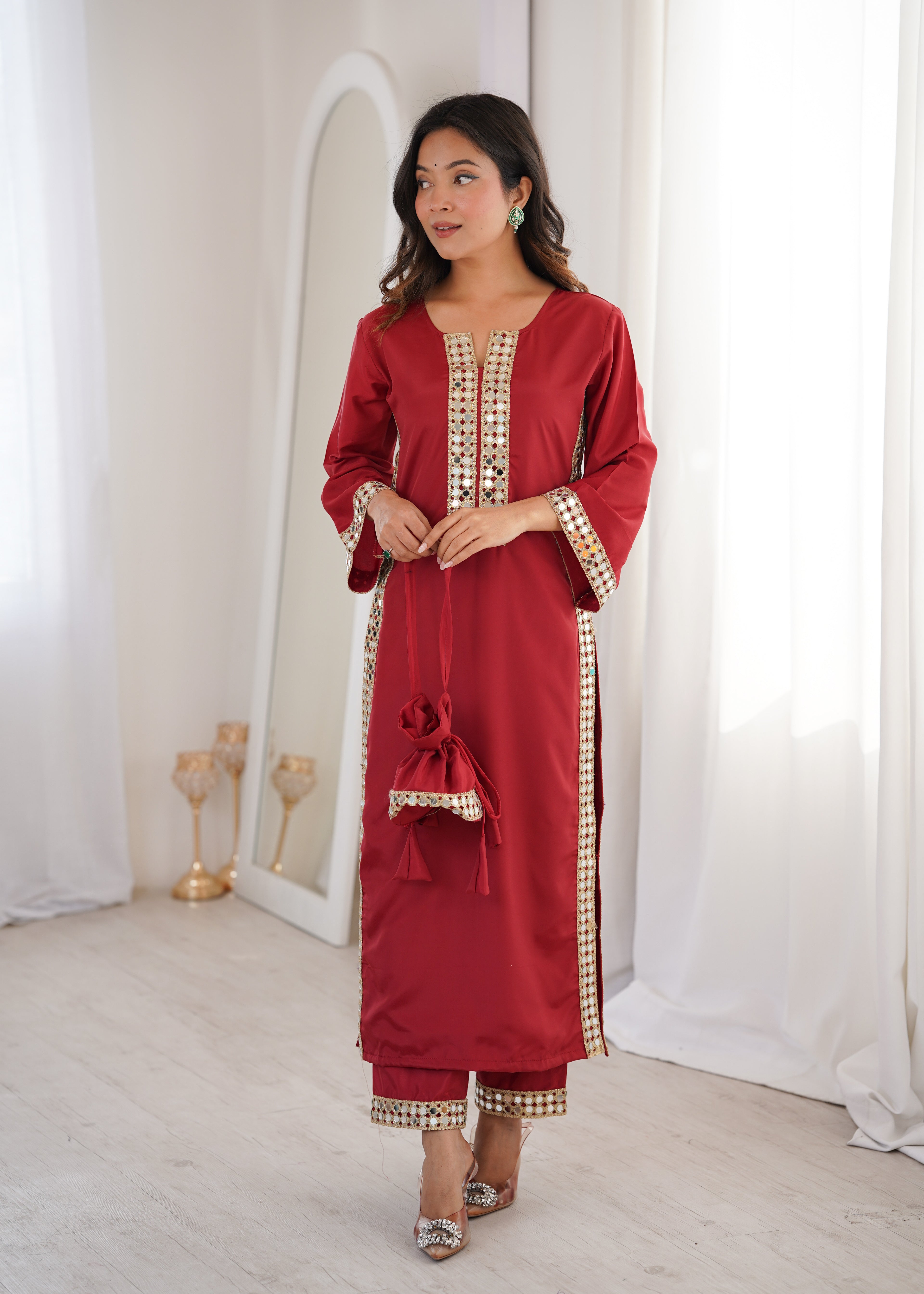 Natural Crepe Real Mirror Kurti-Pant With Batwa