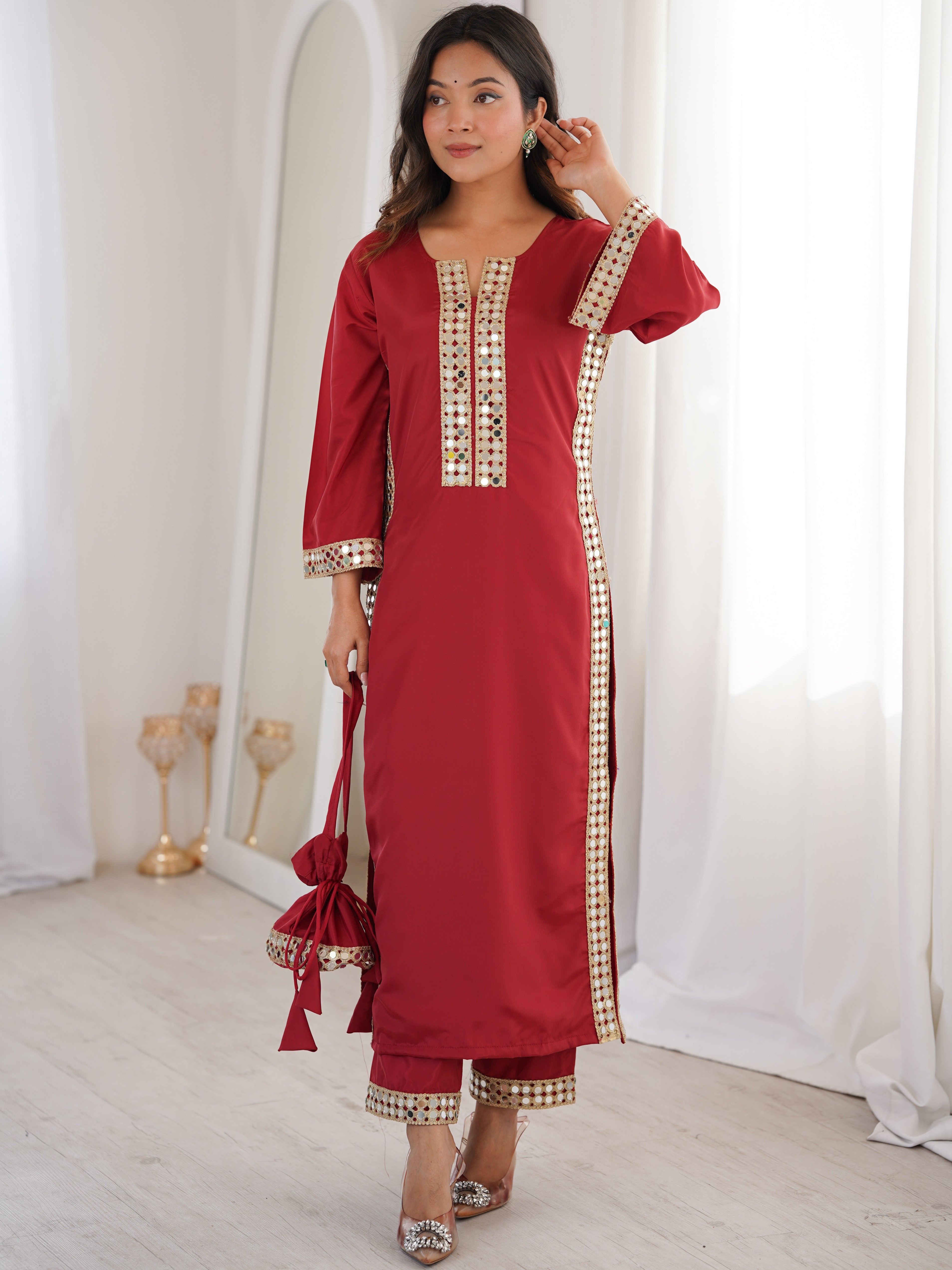 Natural Crepe Real Mirror Kurti-Pant With Batwa