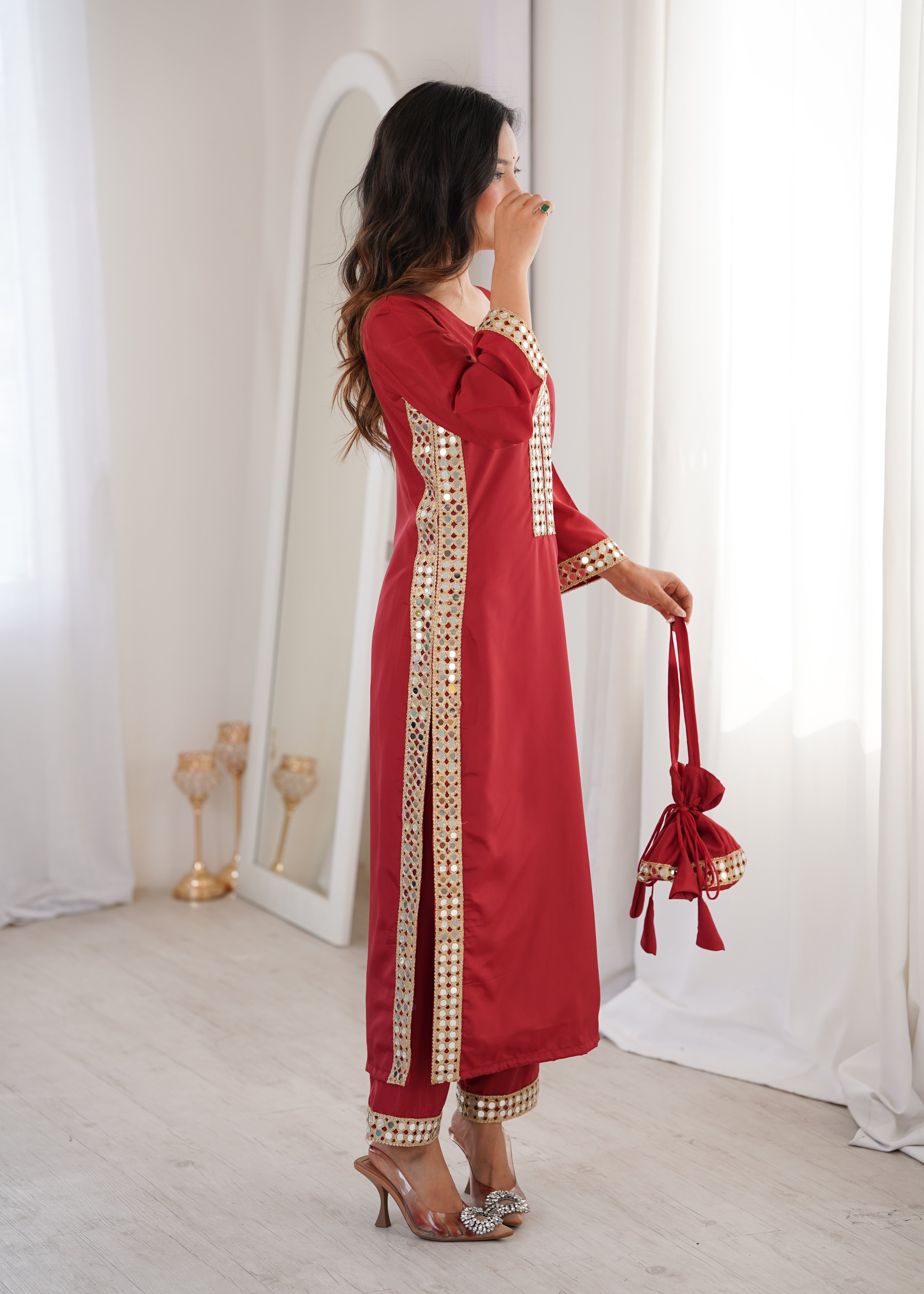 Natural Crepe Real Mirror Kurti-Pant With Batwa