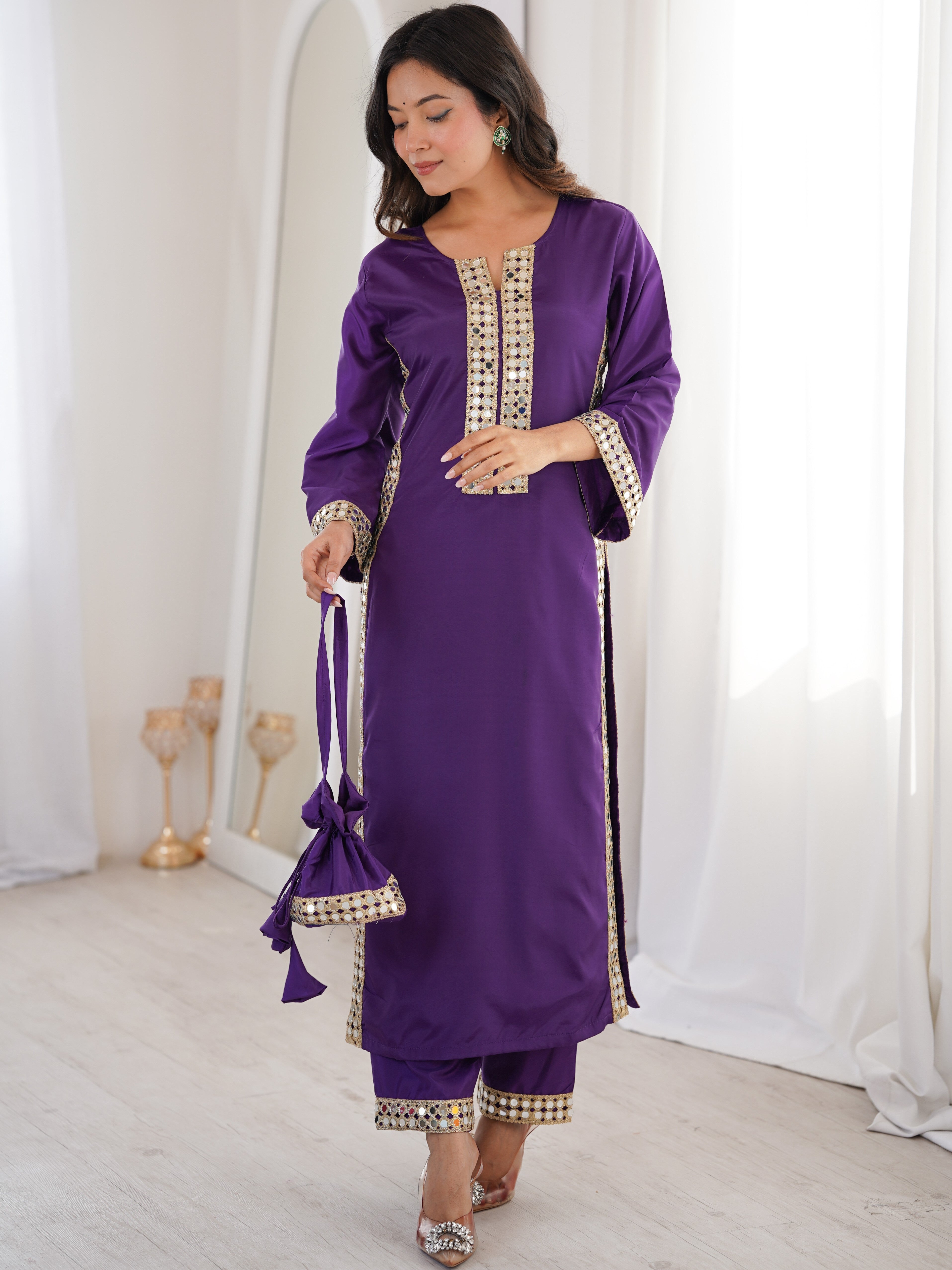 Natural Crepe Real Mirror Kurti-Pant With Batwa
