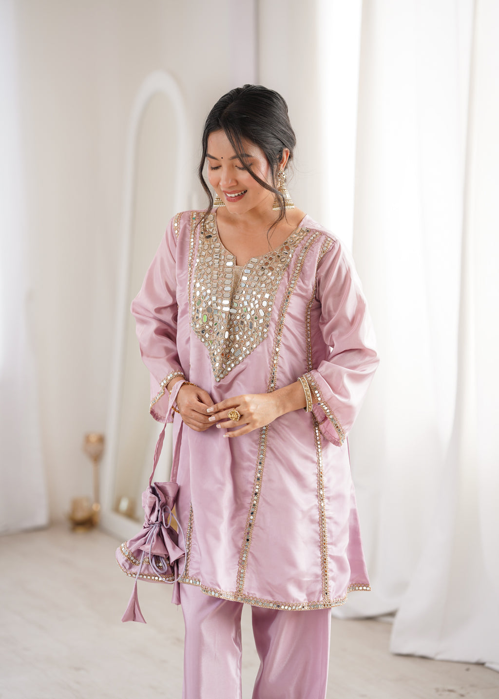 Silk Real Mirror Embroidered Kurti-Pant With Batwa