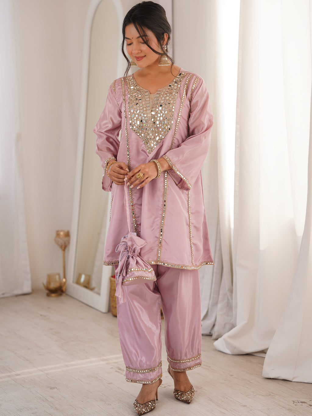 Silk Real Mirror Embroidered Kurti-Pant With Batwa