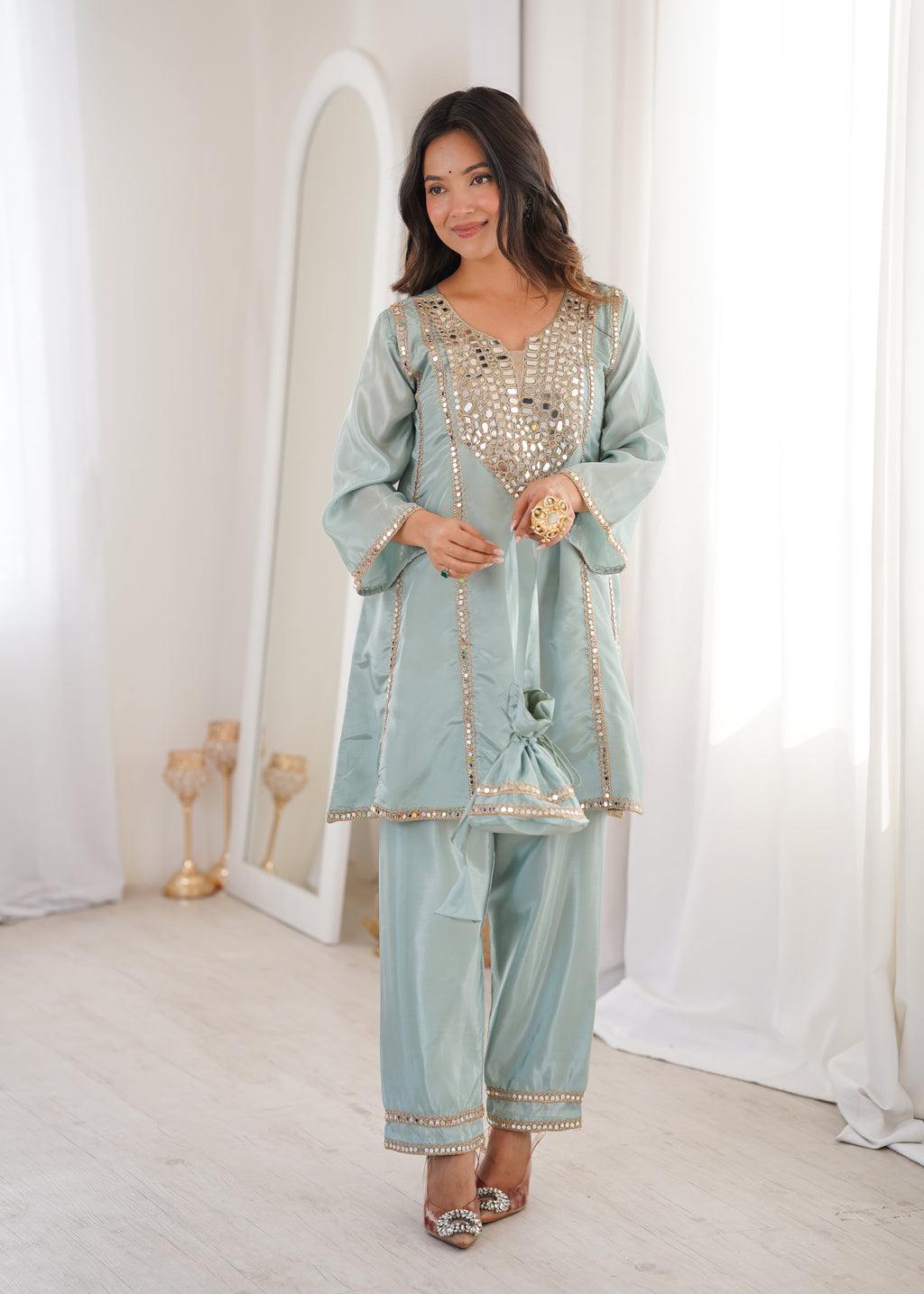 Silk Real Mirror Embroidered Kurti-Pant With Batwa