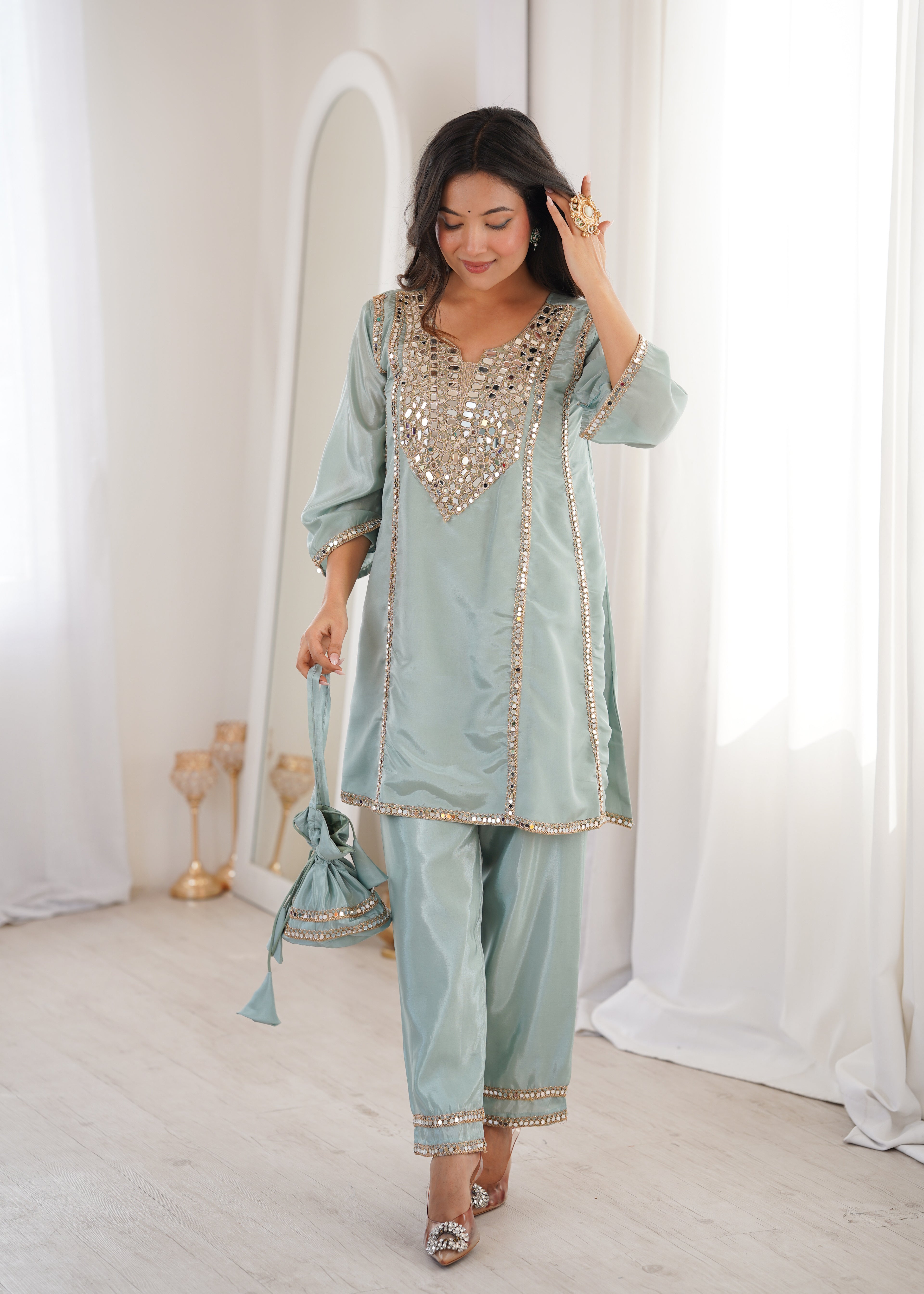 Silk Real Mirror Embroidered Kurti-Pant With Batwa