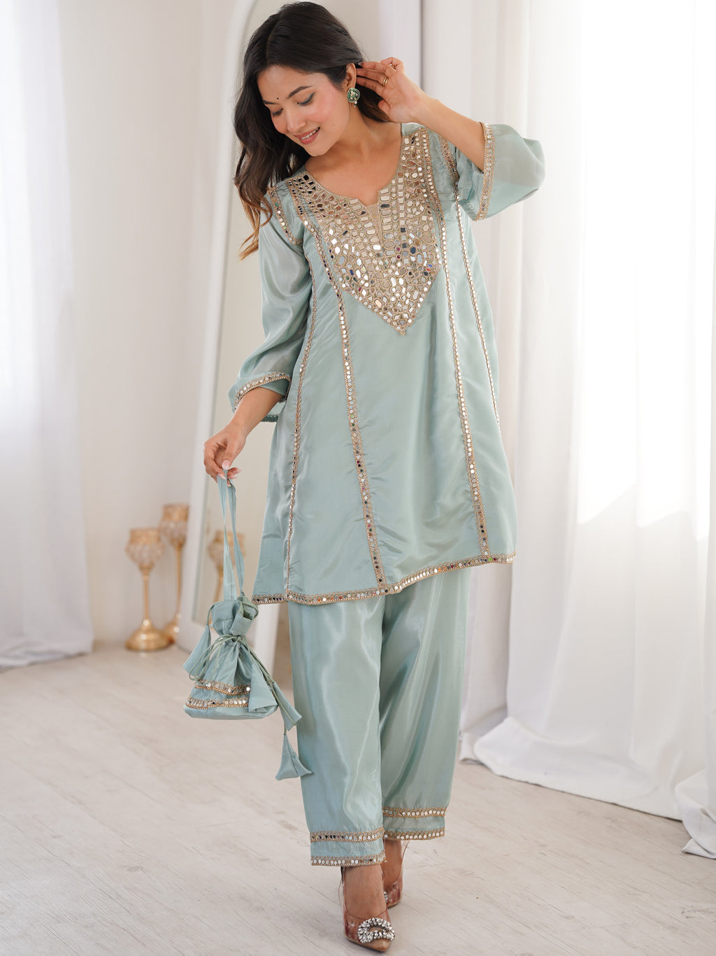 Silk Real Mirror Embroidered Kurti-Pant With Batwa