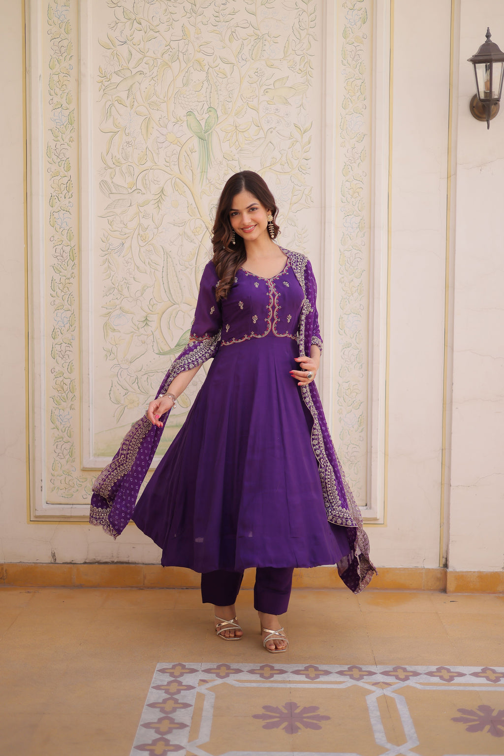 Mull Chanderi Beads Embroidered Kurti-Pant With Dupatta
