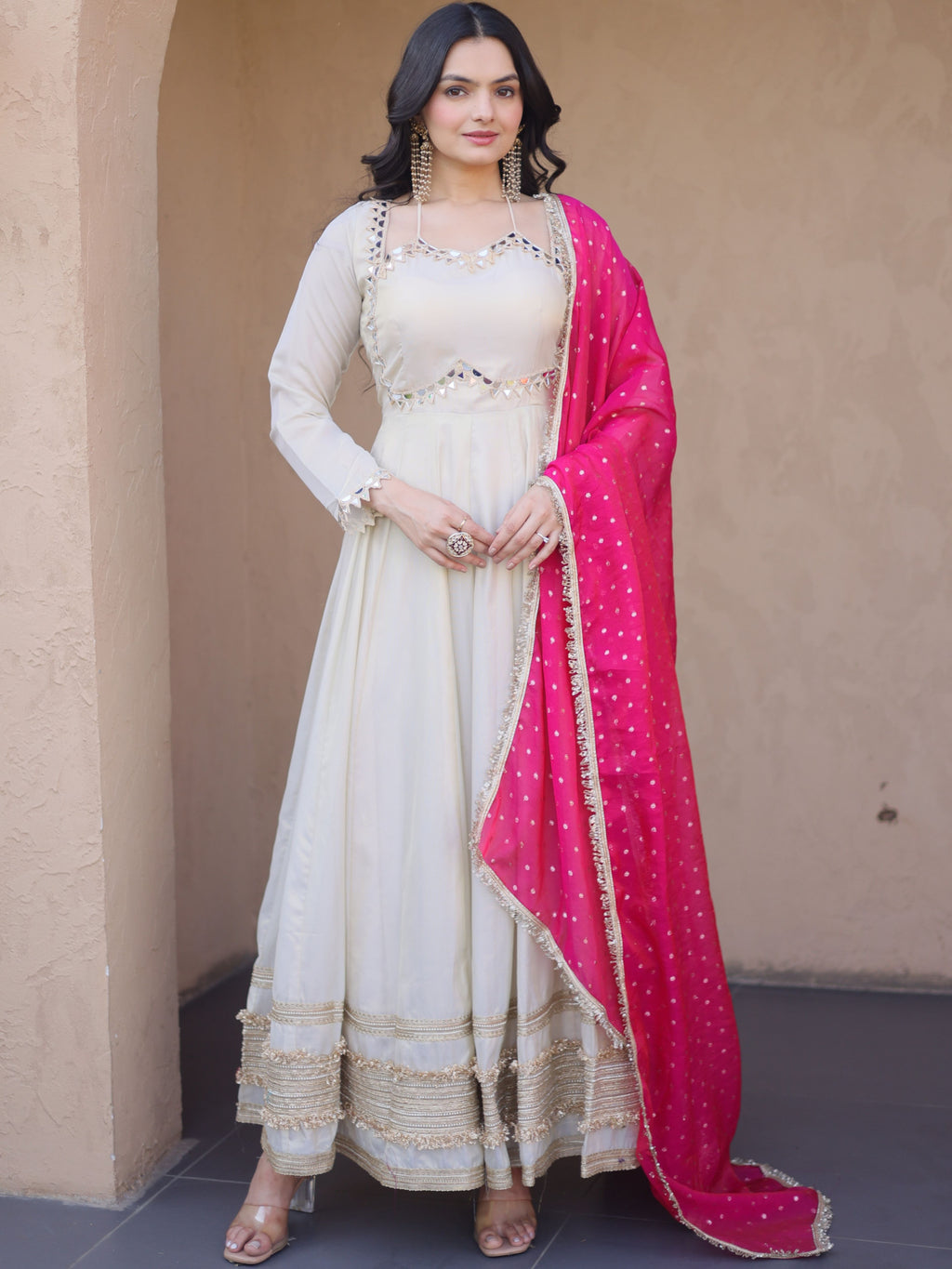 Cosmos Real Mirror Embroidered Gown With Dupatta