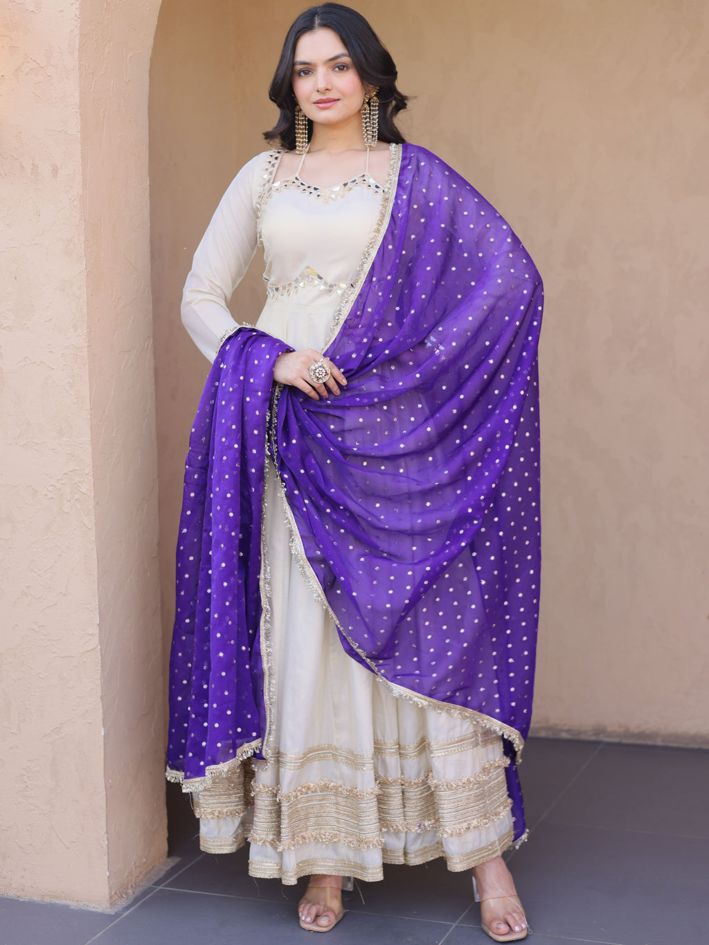 Cosmos Real Mirror Embroidered Gown With Dupatta
